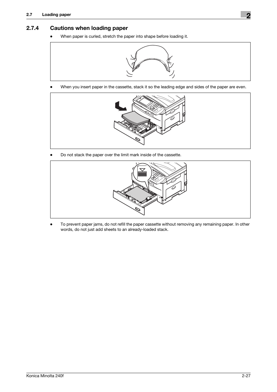 4 cautions when loading paper, Cautions when loading paper -27 | Konica Minolta Konica Minolta 240f User Manual | Page 51 / 140