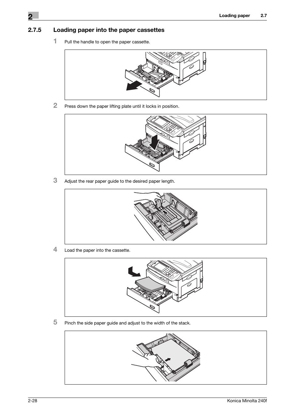 5 loading paper into the paper cassettes, Loading paper into the paper cassettes -28 | Konica Minolta Konica Minolta 240f User Manual | Page 52 / 140