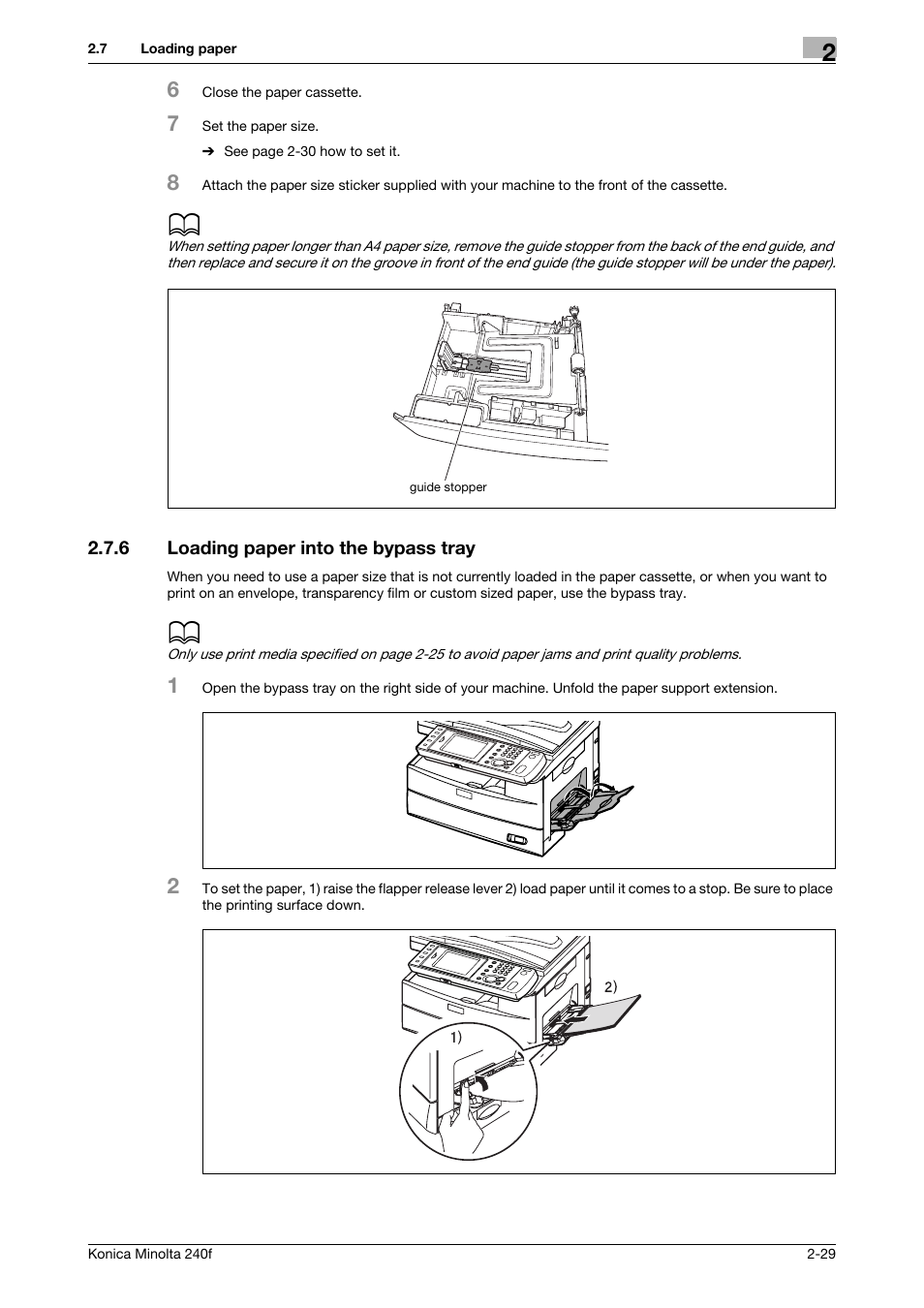 6 loading paper into the bypass tray, Loading paper into the bypass tray -29 | Konica Minolta Konica Minolta 240f User Manual | Page 53 / 140