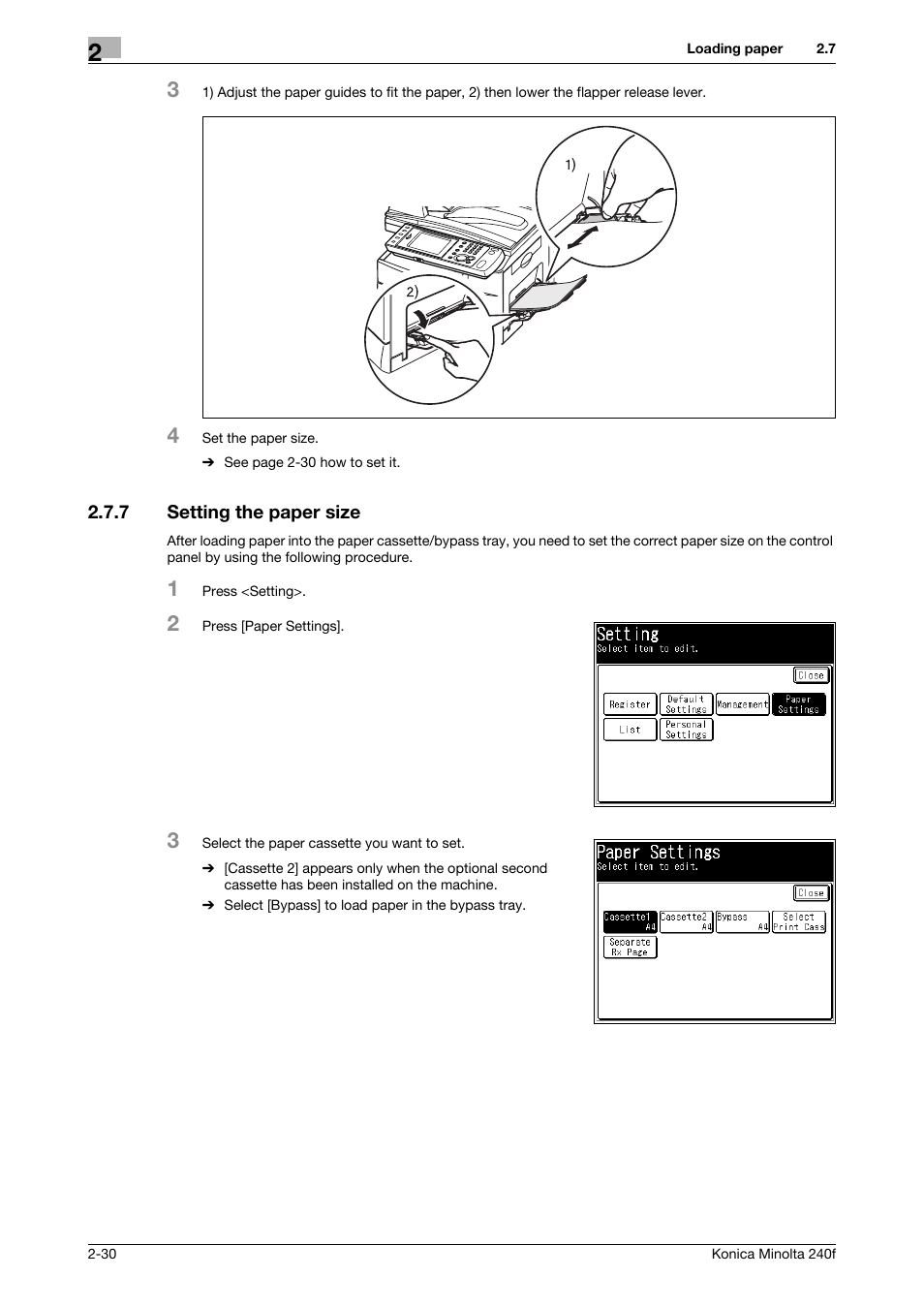 7 setting the paper size, Setting the paper size -30 | Konica Minolta Konica Minolta 240f User Manual | Page 54 / 140