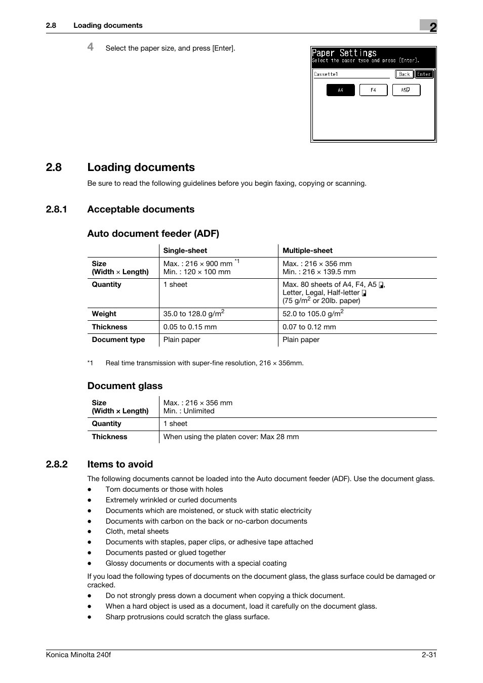 8 loading documents, 1 acceptable documents, Auto document feeder (adf) | Document glass, 2 items to avoid, Loading documents -31, Acceptable documents -31, Items to avoid -31, 1 acceptable documents auto document feeder (adf), Document glass 2.8.2 items to avoid | Konica Minolta Konica Minolta 240f User Manual | Page 55 / 140