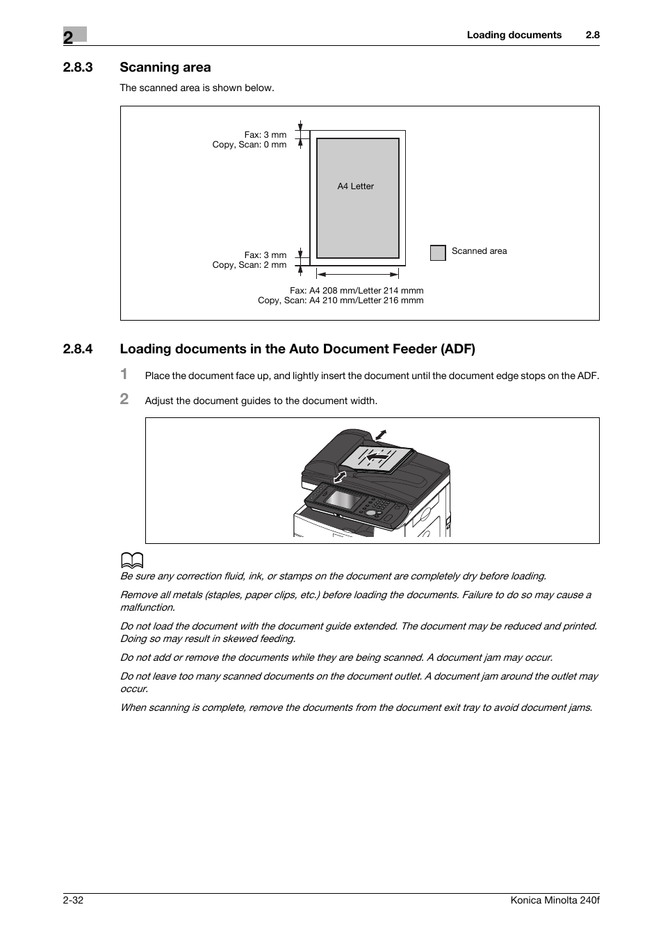 3 scanning area, Scanning area -32 | Konica Minolta Konica Minolta 240f User Manual | Page 56 / 140