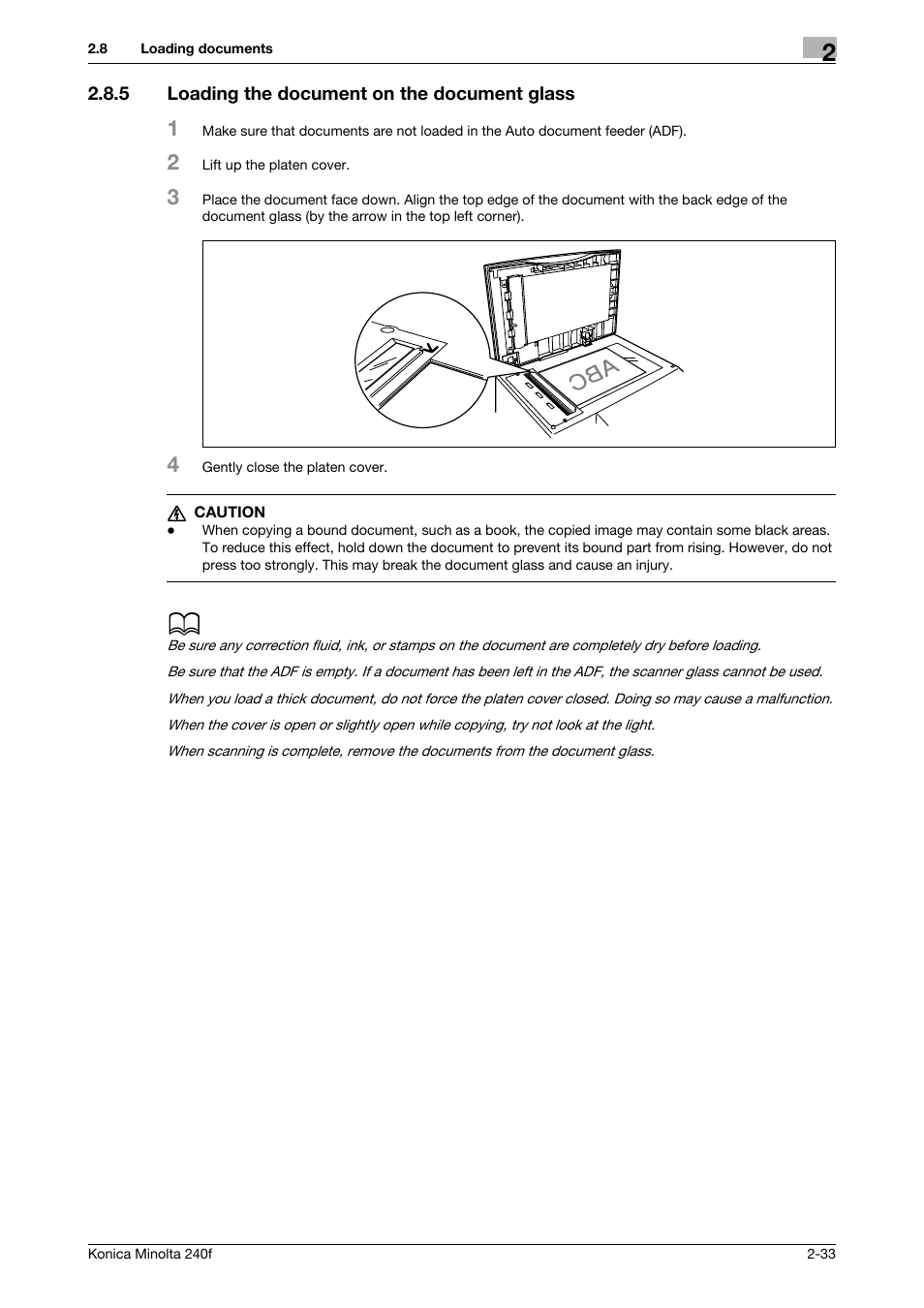 5 loading the document on the document glass, Loading the document on the document glass -33 | Konica Minolta Konica Minolta 240f User Manual | Page 57 / 140