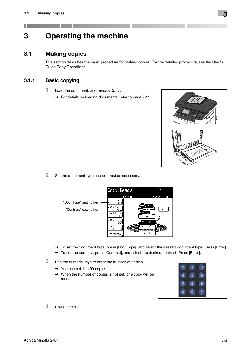 3 operating the machine, 1 making copies, 1 basic copying | Operating the machine, Making copies -3, Basic copying -3, 3operating the machine | Konica Minolta Konica Minolta 240f User Manual | Page 61 / 140