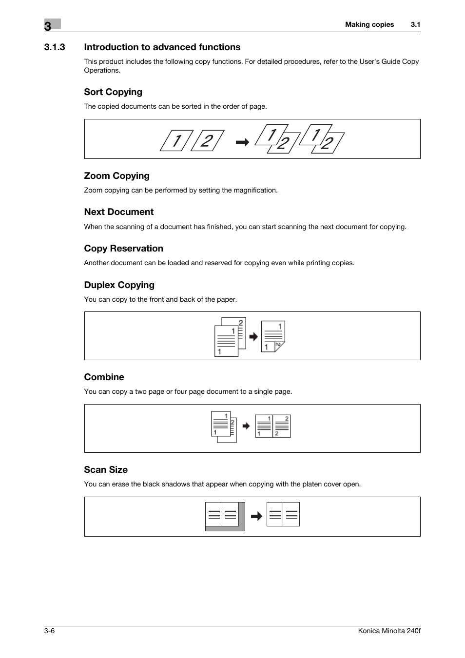 3 introduction to advanced functions, Sort copying, Zoom copying | Next document, Copy reservation, Duplex copying, Combine, Scan size, Introduction to advanced functions -6 | Konica Minolta Konica Minolta 240f User Manual | Page 64 / 140