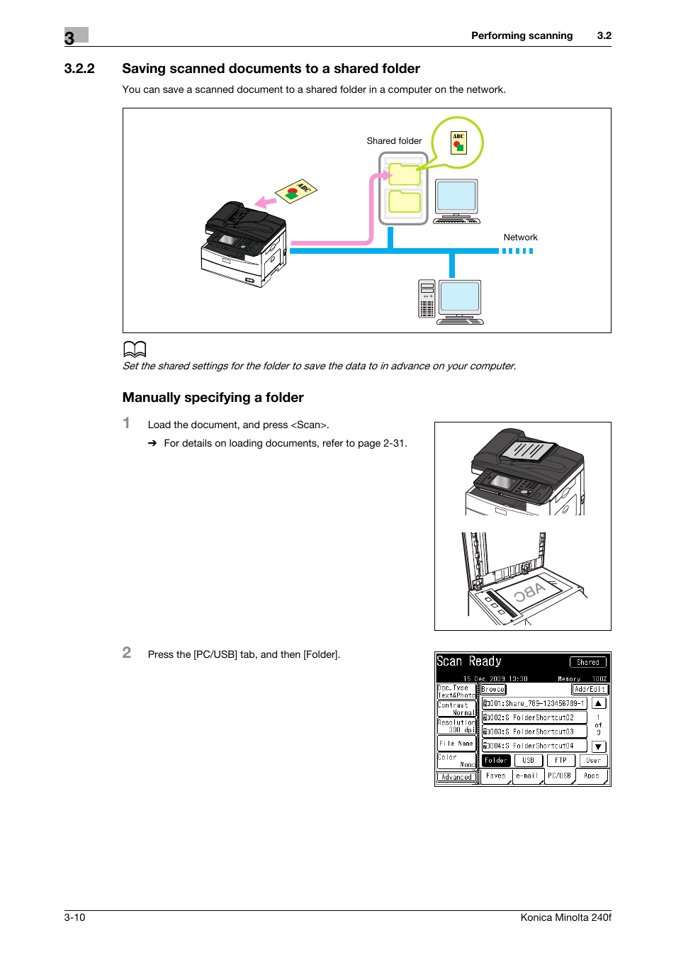 2 saving scanned documents to a shared folder, Manually specifying a folder, Saving scanned documents to a shared folder -10 | Konica Minolta Konica Minolta 240f User Manual | Page 68 / 140