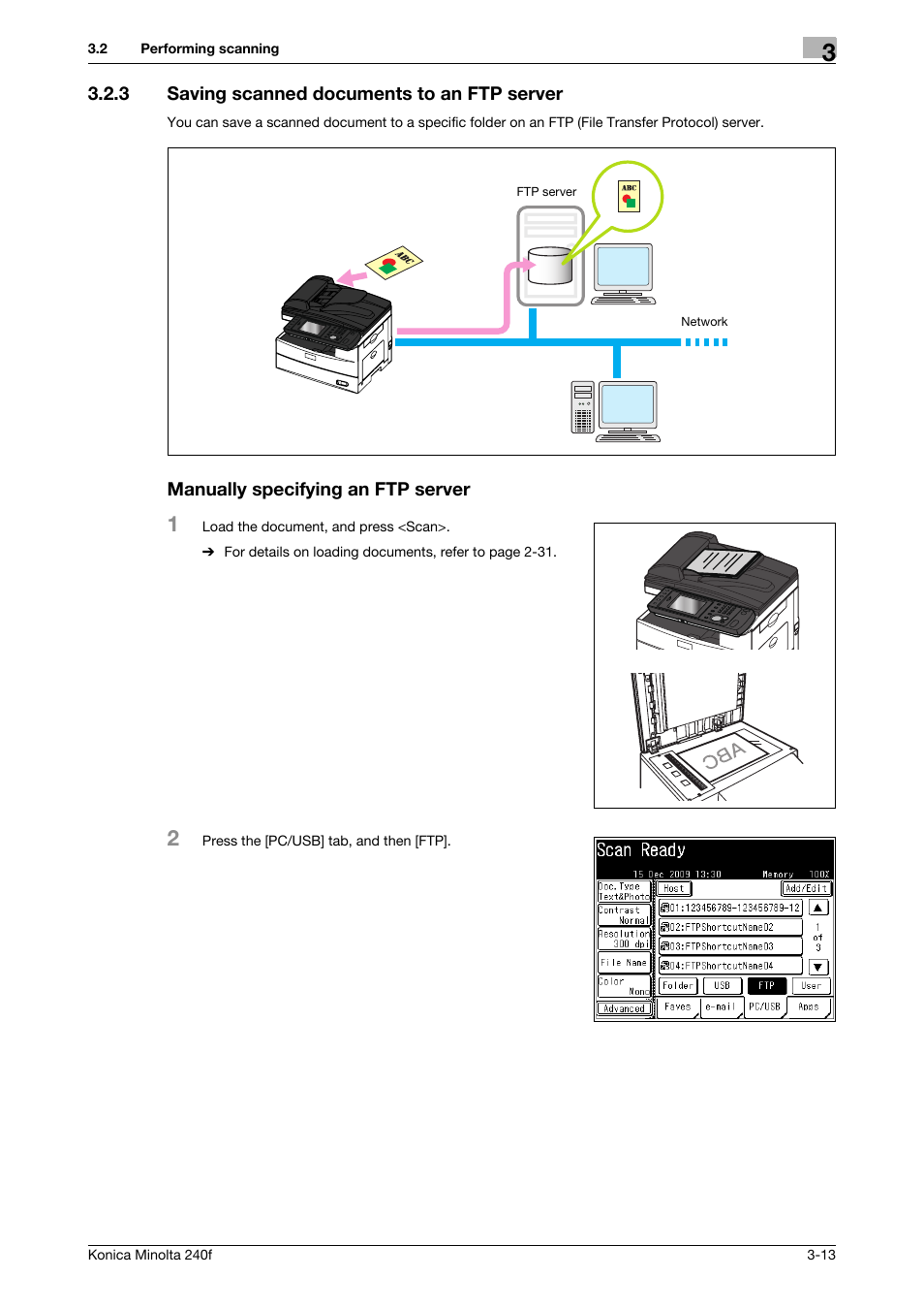 3 saving scanned documents to an ftp server, Manually specifying an ftp server, Saving scanned documents to an ftp server -13 | Konica Minolta Konica Minolta 240f User Manual | Page 71 / 140