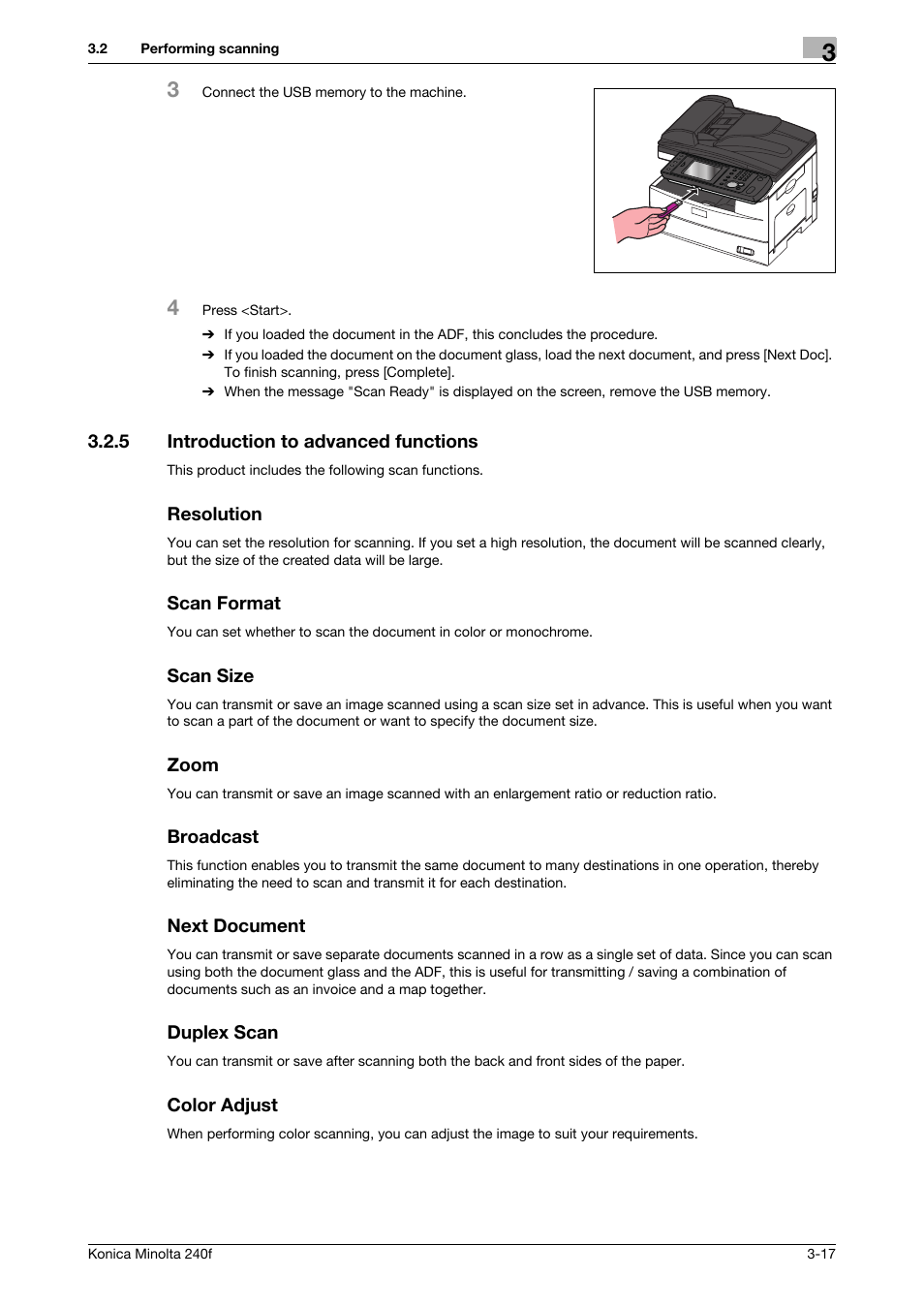 5 introduction to advanced functions, Resolution, Scan format | Scan size, Zoom, Broadcast, Next document, Duplex scan, Color adjust, Introduction to advanced functions -17 | Konica Minolta Konica Minolta 240f User Manual | Page 75 / 140