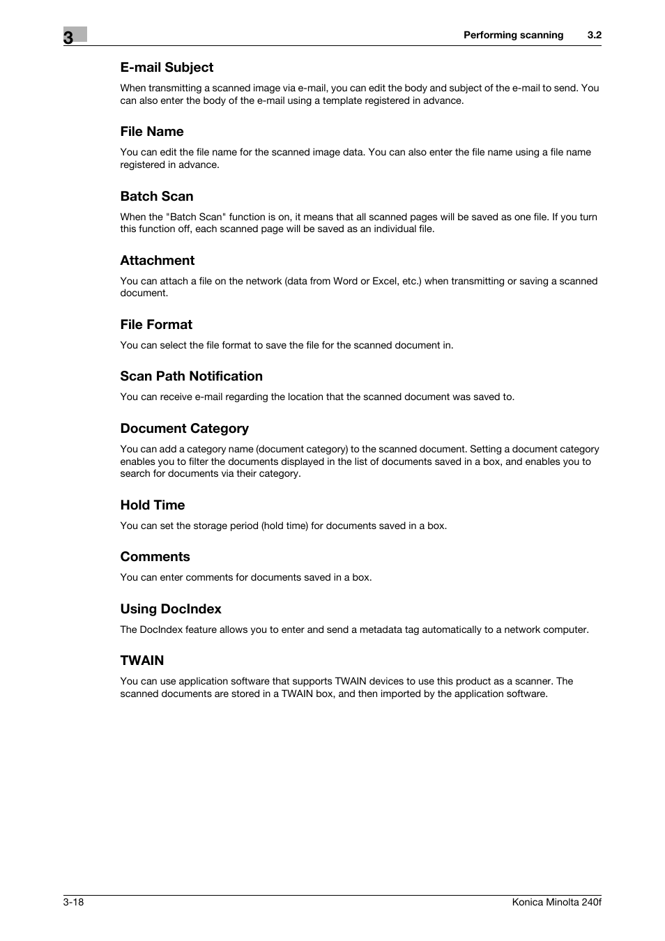 E-mail subject, File name, Batch scan | Attachment, File format, Scan path notification, Document category, Hold time, Comments, Using docindex | Konica Minolta Konica Minolta 240f User Manual | Page 76 / 140