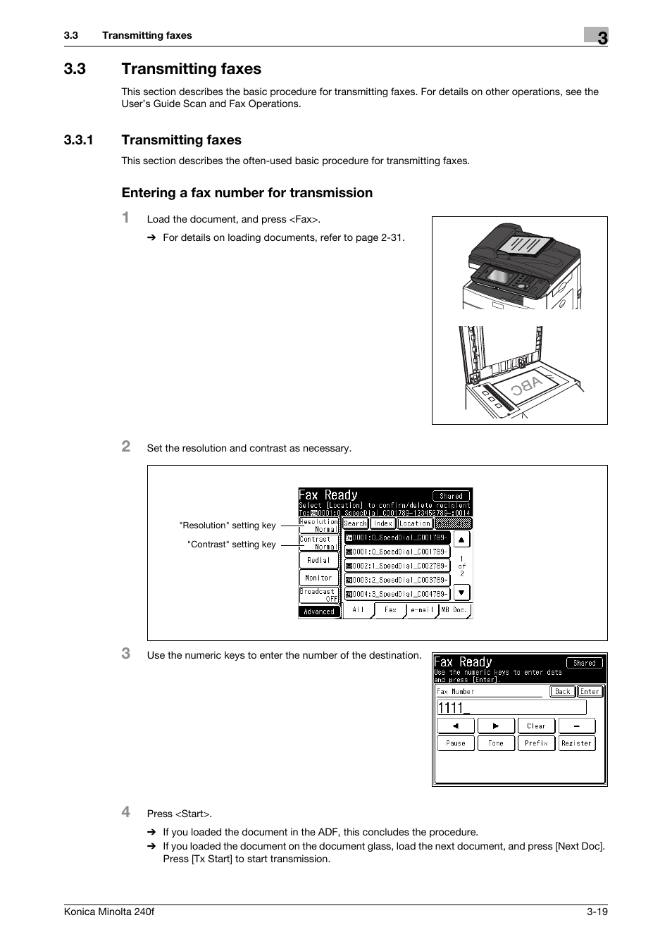 3 transmitting faxes, 1 transmitting faxes, Entering a fax number for transmission | Transmitting faxes -19 | Konica Minolta Konica Minolta 240f User Manual | Page 77 / 140