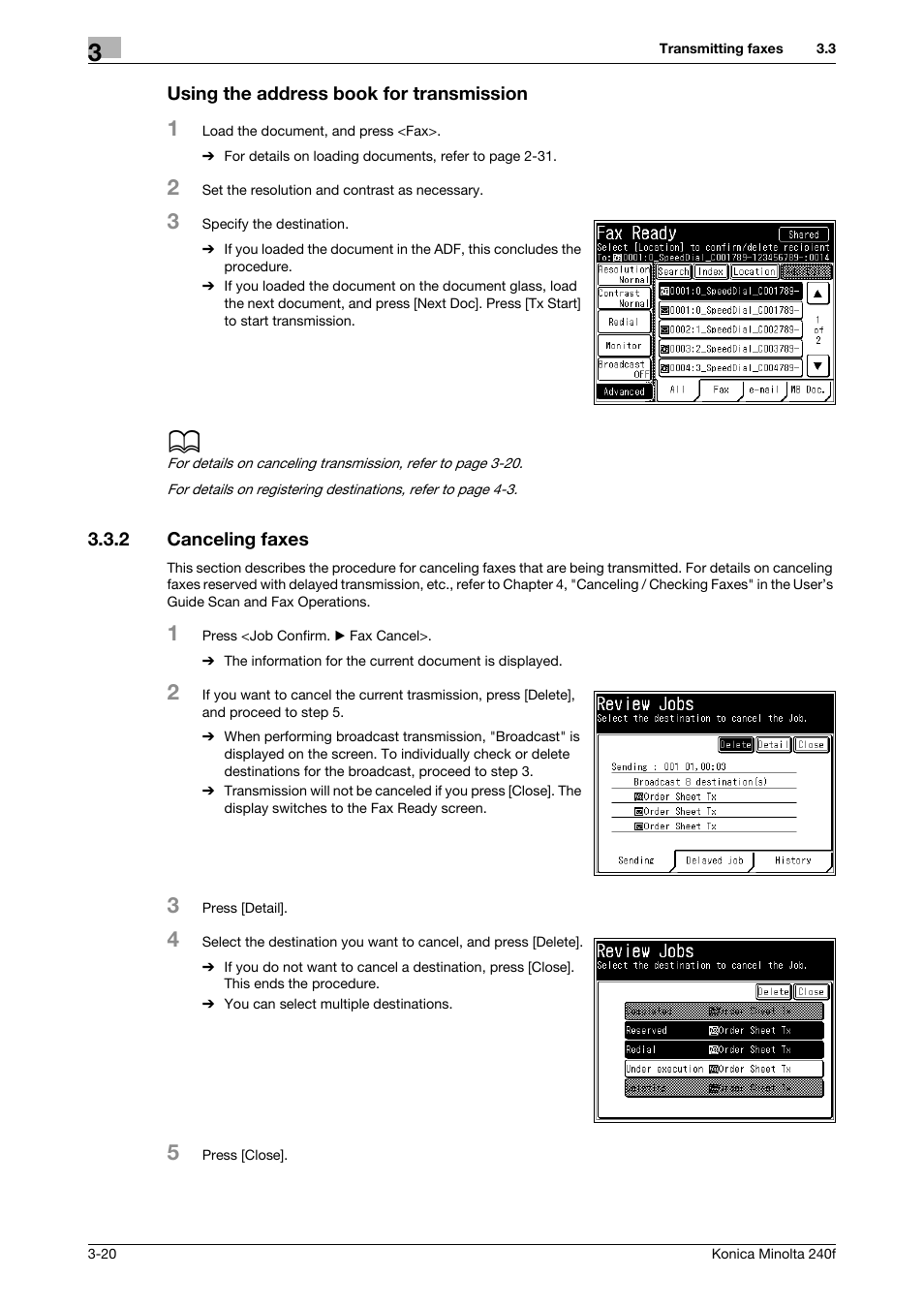 Using the address book for transmission, 2 canceling faxes, Canceling faxes -20 | Konica Minolta Konica Minolta 240f User Manual | Page 78 / 140