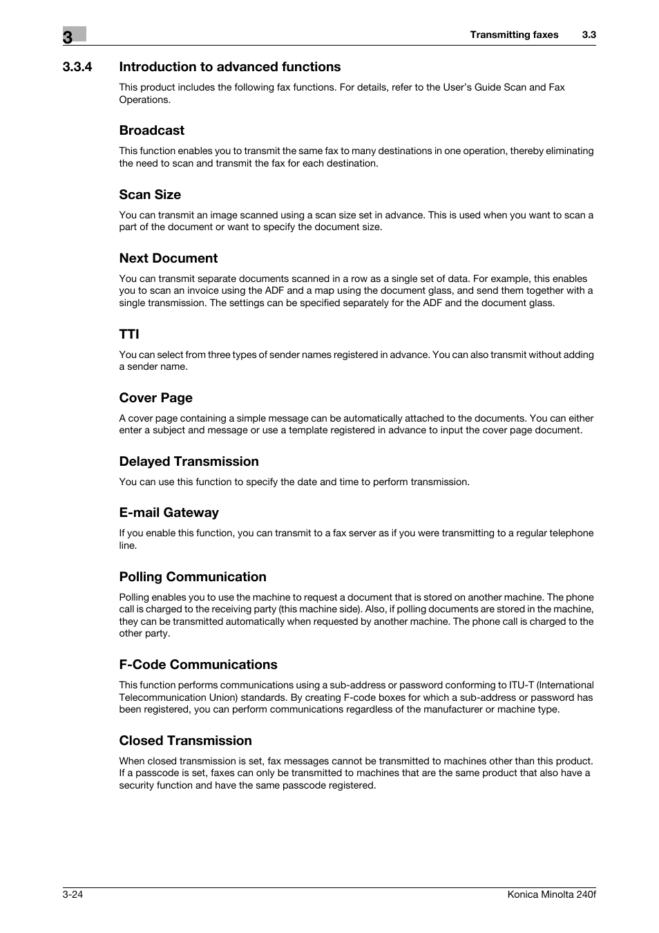 4 introduction to advanced functions, Broadcast, Scan size | Next document, Delayed transmission, E-mail gateway, Polling communication, F-code communications, Closed transmission, Introduction to advanced functions -24 | Konica Minolta Konica Minolta 240f User Manual | Page 82 / 140