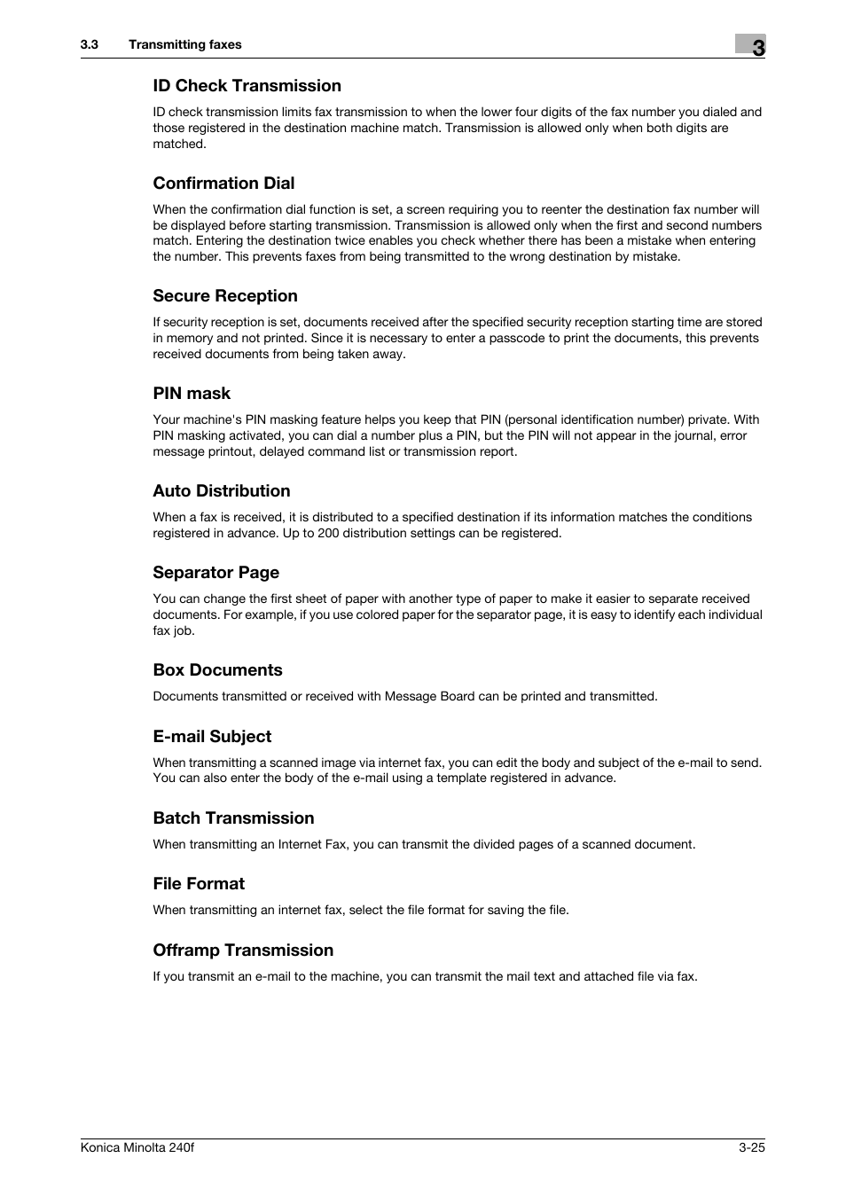 Id check transmission, Confirmation dial, Secure reception | Pin mask, Auto distribution, Box documents, E-mail subject, Batch transmission, File format, Offramp transmission | Konica Minolta Konica Minolta 240f User Manual | Page 83 / 140