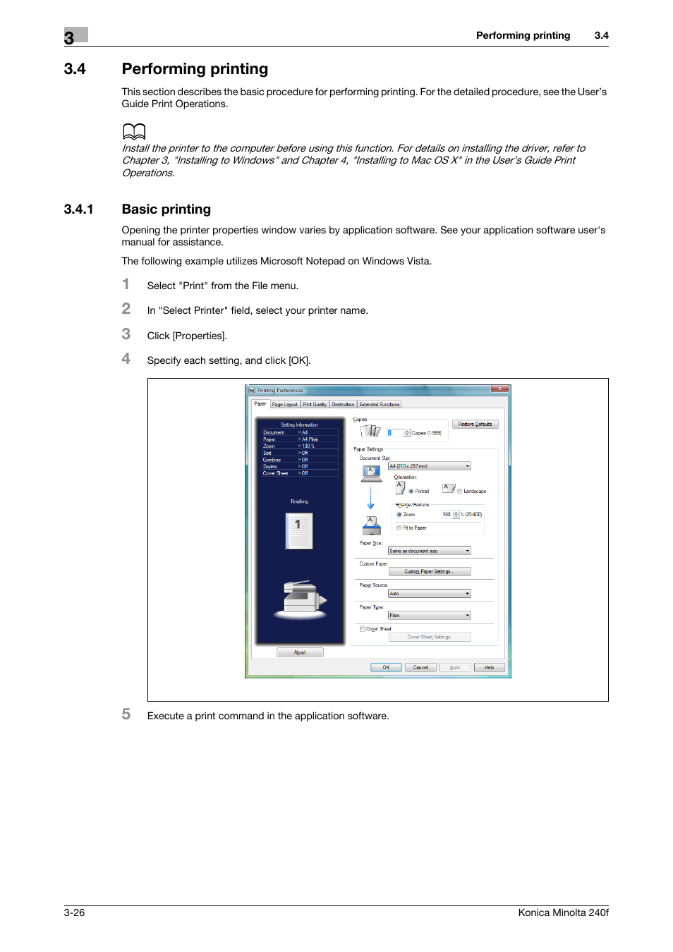 4 performing printing, 1 basic printing, Performing printing -26 | Basic printing -26 | Konica Minolta Konica Minolta 240f User Manual | Page 84 / 140