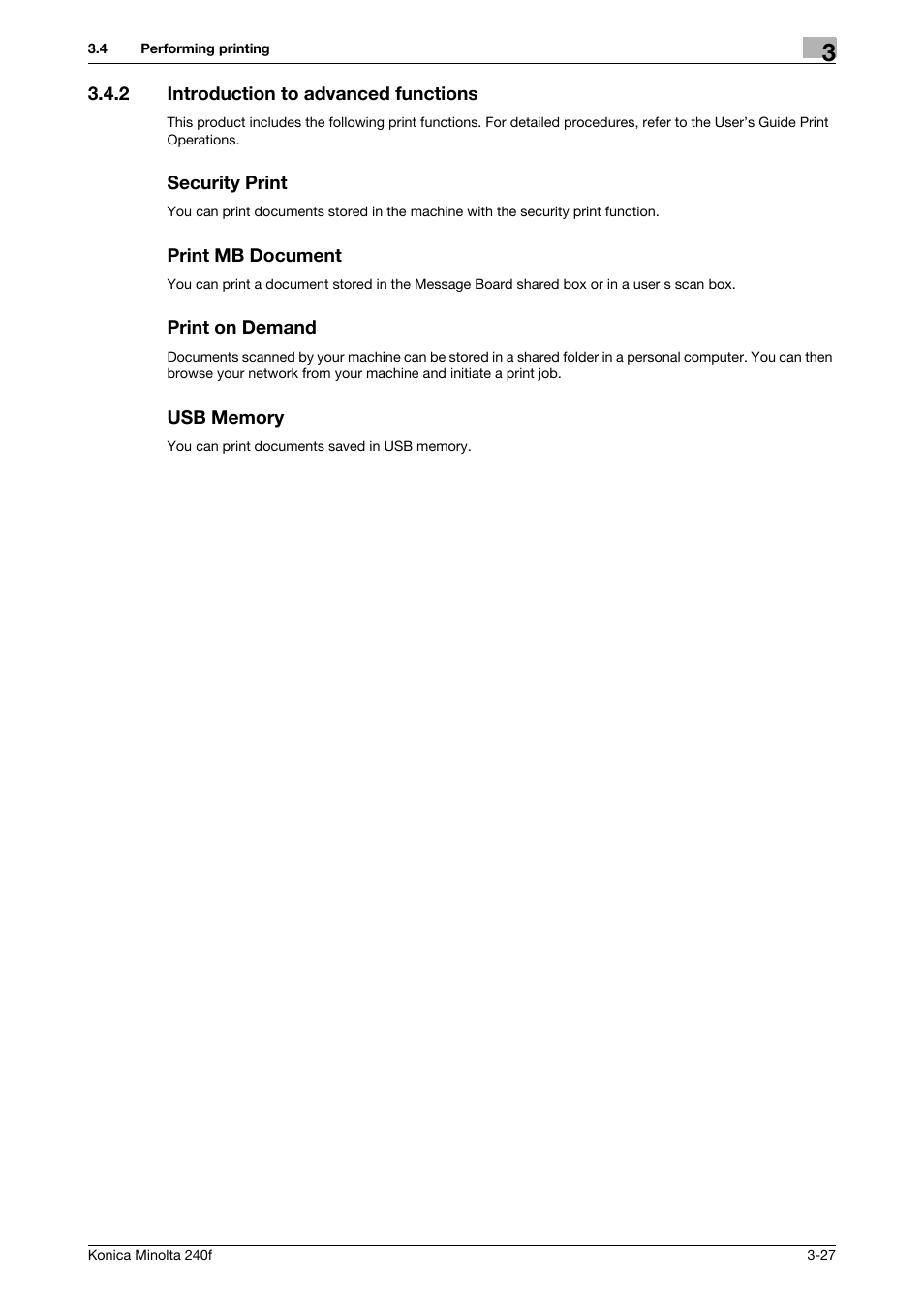 2 introduction to advanced functions, Security print, Print mb document | Print on demand, Usb memory, Introduction to advanced functions -27 | Konica Minolta Konica Minolta 240f User Manual | Page 85 / 140