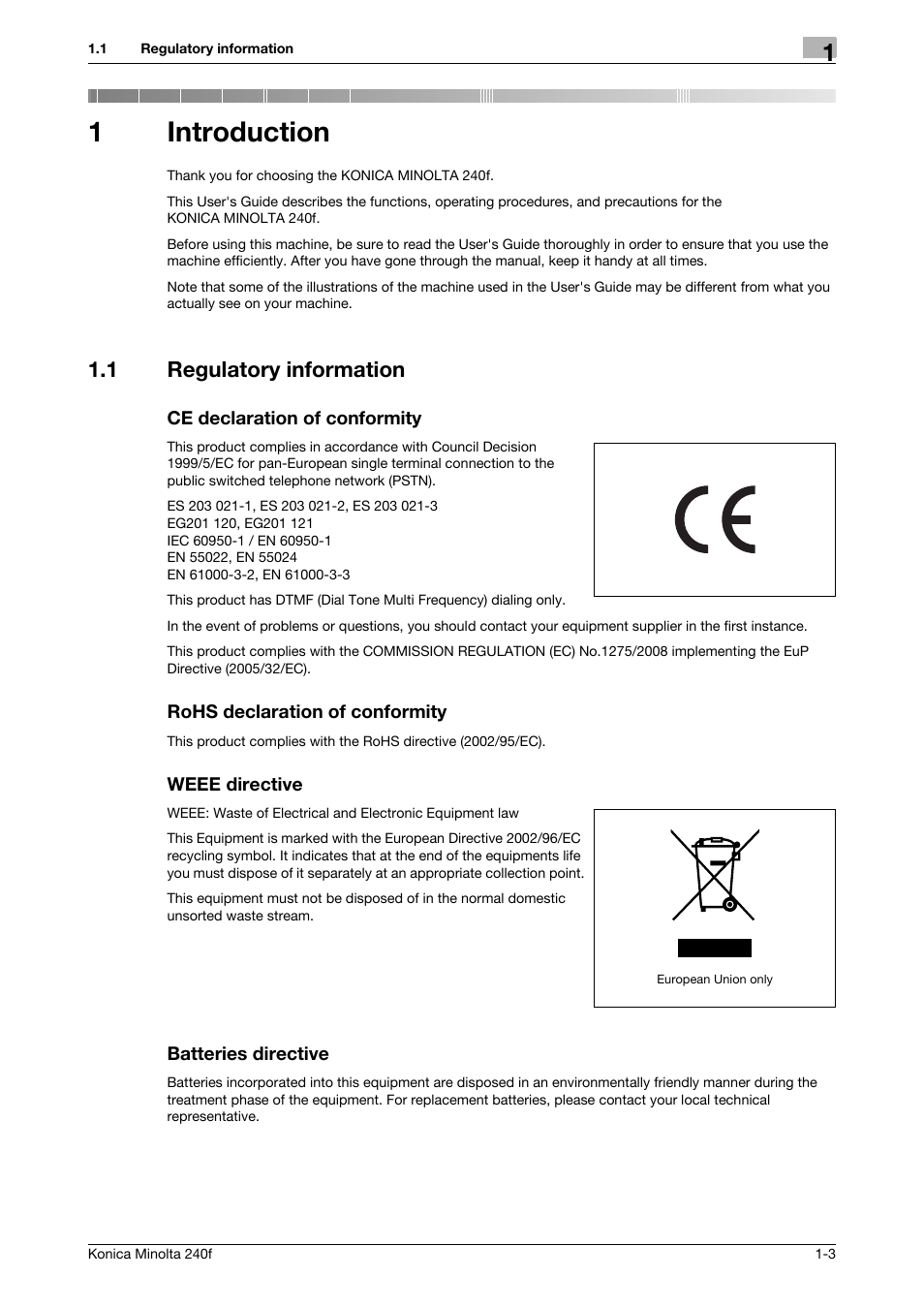 1 introduction, 1 regulatory information, Ce declaration of conformity | Rohs declaration of conformity, Weee directive, Batteries directive, Introduction, Regulatory information -3, 1introduction | Konica Minolta Konica Minolta 240f User Manual | Page 9 / 140