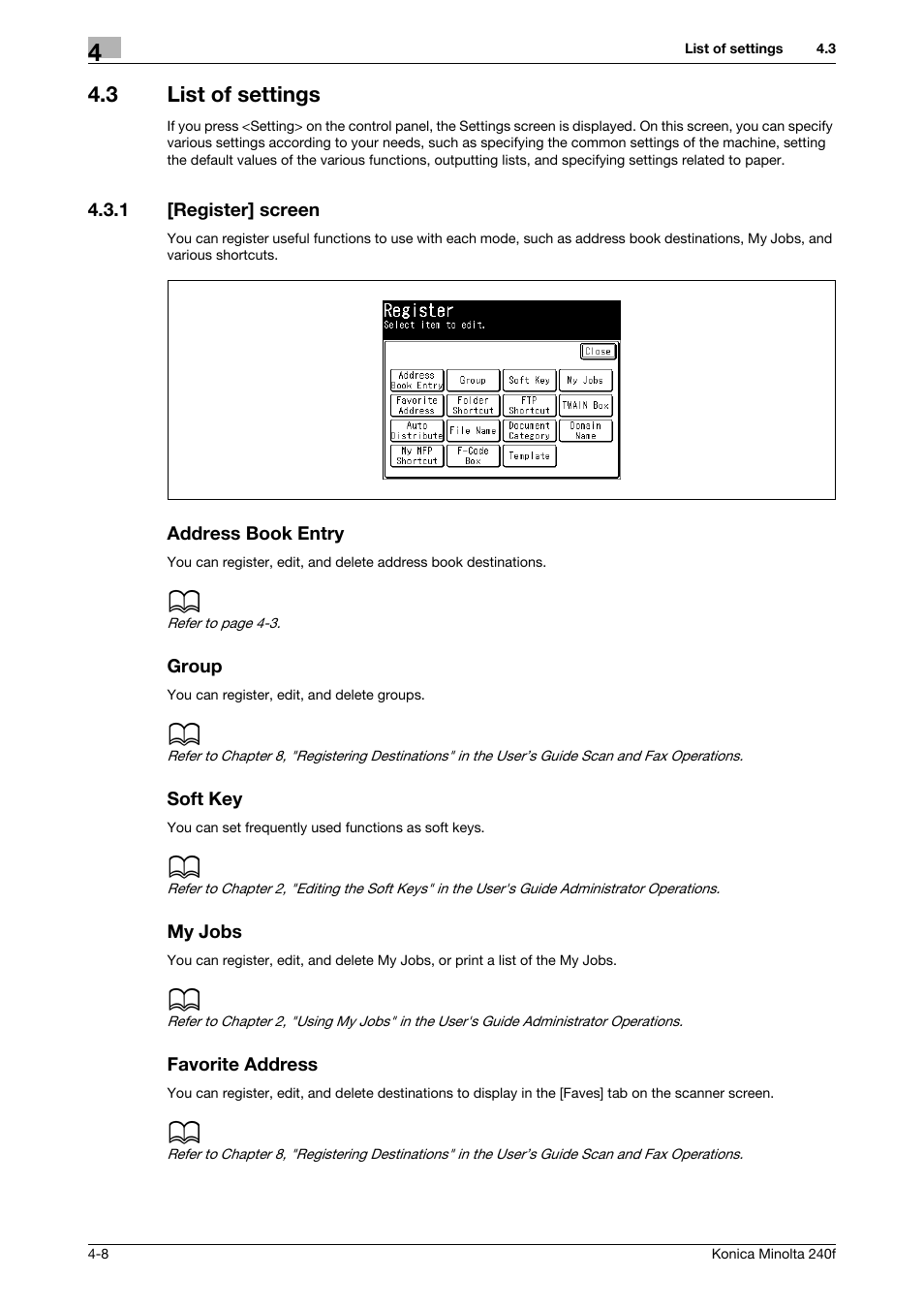 3 list of settings, 1 [register] screen, Address book entry | Group, Soft key, My jobs, Favorite address, List of settings -8, Register] screen -8 | Konica Minolta Konica Minolta 240f User Manual | Page 94 / 140