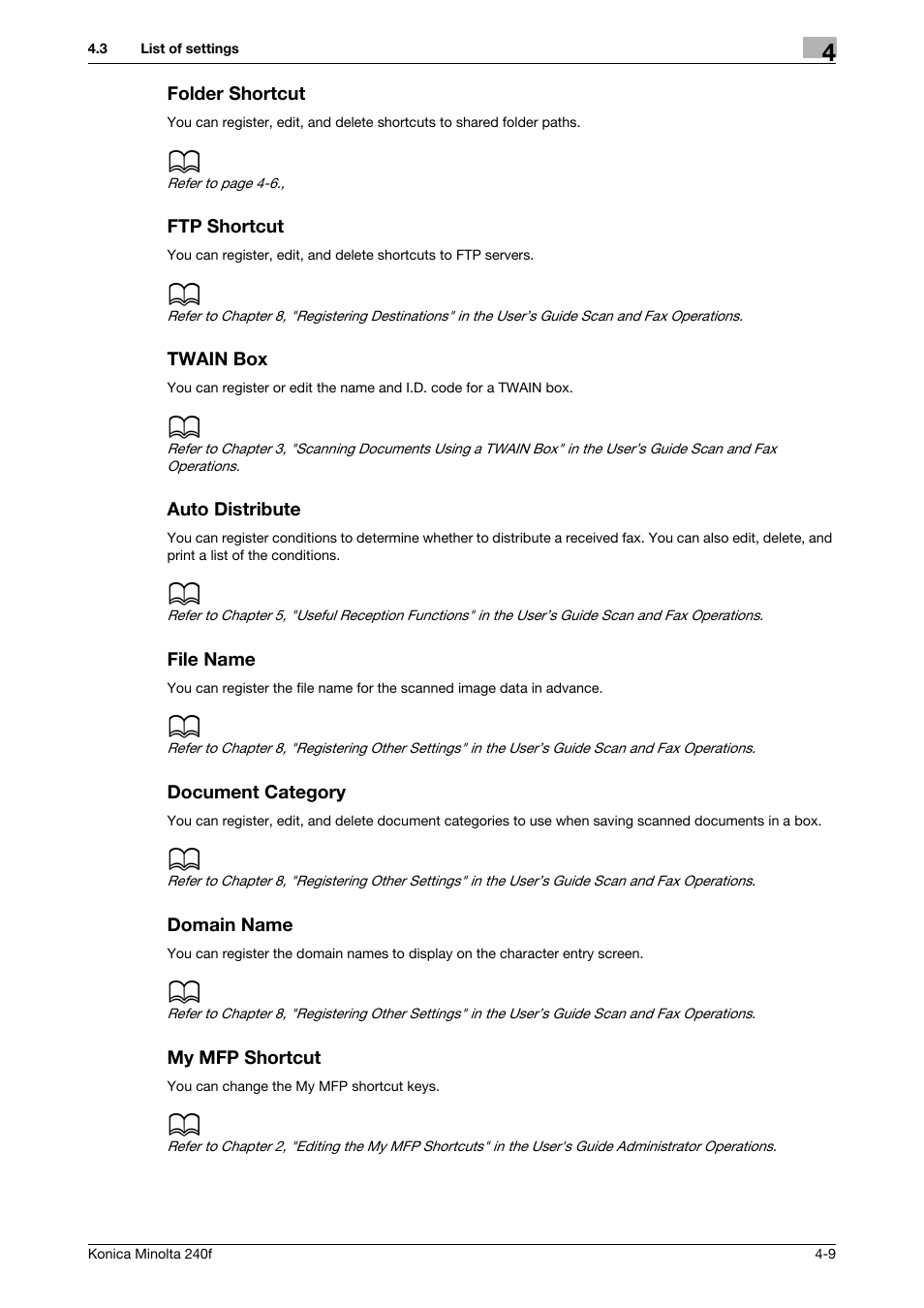 Folder shortcut, Ftp shortcut, Twain box | Auto distribute, File name, Document category, Domain name, My mfp shortcut | Konica Minolta Konica Minolta 240f User Manual | Page 95 / 140