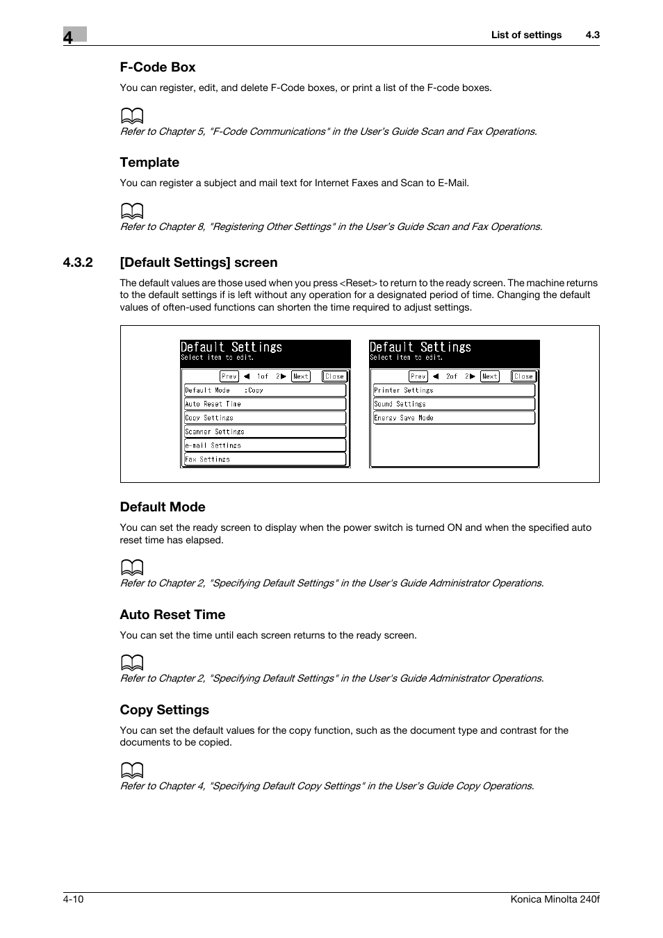 F-code box, Template, 2 [default settings] screen | Default mode, Auto reset time, Copy settings, Default settings] screen -10 | Konica Minolta Konica Minolta 240f User Manual | Page 96 / 140