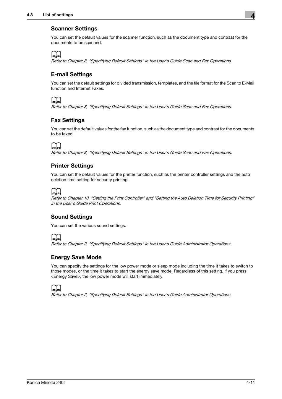 Scanner settings, E-mail settings, Fax settings | Printer settings, Sound settings, Energy save mode | Konica Minolta Konica Minolta 240f User Manual | Page 97 / 140