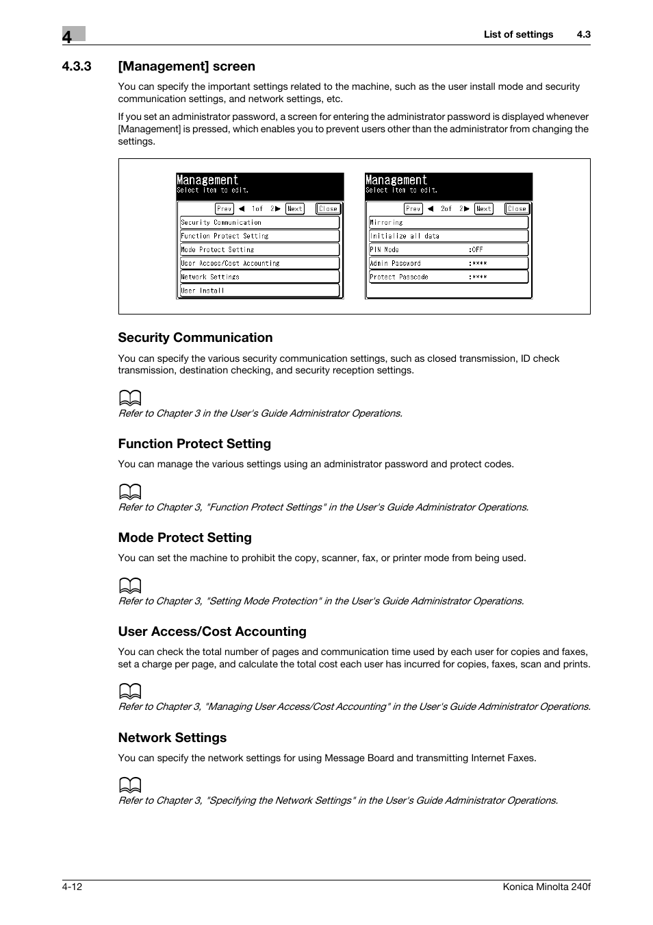 3 [management] screen, Security communication, Function protect setting | Mode protect setting, User access/cost accounting, Network settings, Management] screen -12 | Konica Minolta Konica Minolta 240f User Manual | Page 98 / 140