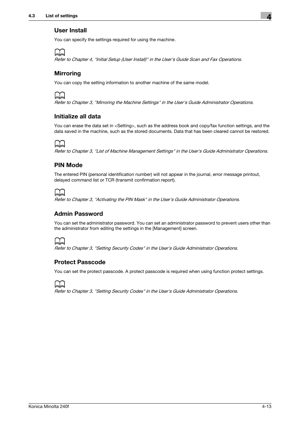 User install, Mirroring, Initialize all data | Pin mode, Admin password, Protect passcode | Konica Minolta Konica Minolta 240f User Manual | Page 99 / 140