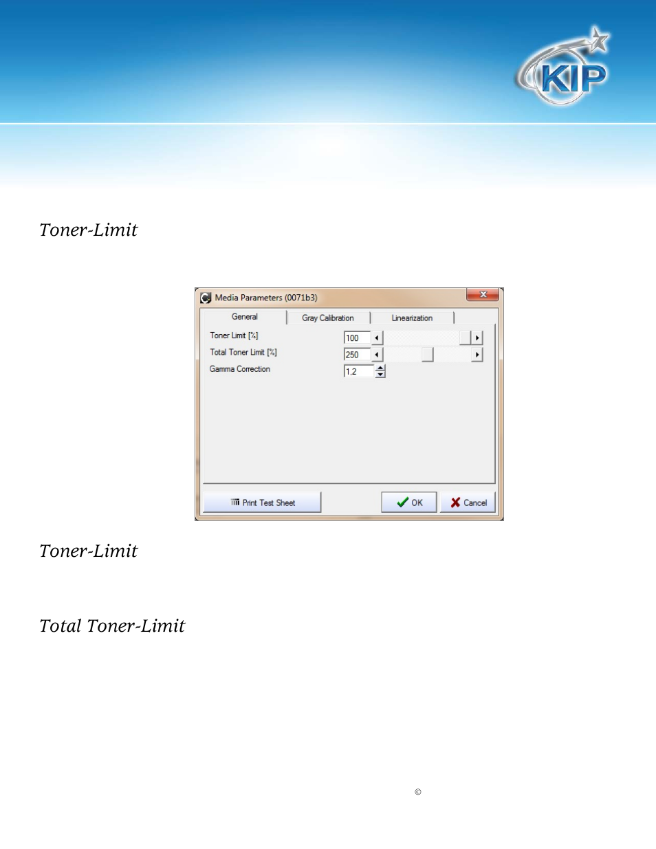 Toner-limit, Total toner-limit, Color calibration/linearization | Konica Minolta KIP Color 80 User Manual | Page 6 / 12