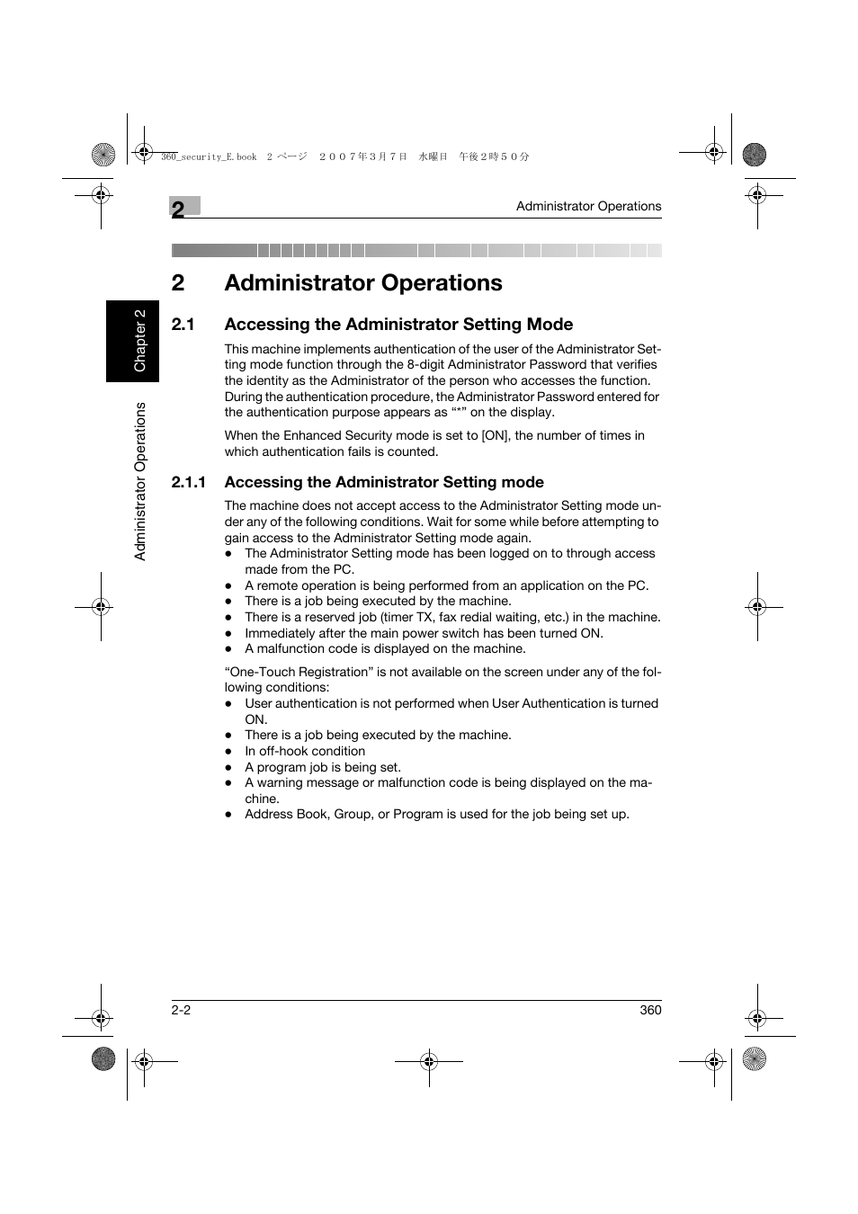 1 accessing the administrator setting mode, Administrator operations, Accessing the administrator setting mode -2 | 2administrator operations | Konica Minolta bizhub 360 User Manual | Page 21 / 194