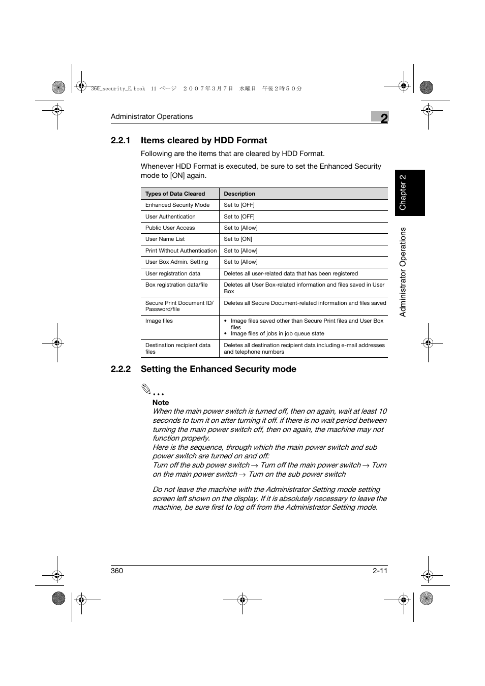 1 items cleared by hdd format, 2 setting the enhanced security mode, Items cleared by hdd format -11 | Setting the enhanced security mode -11 | Konica Minolta bizhub 360 User Manual | Page 30 / 194