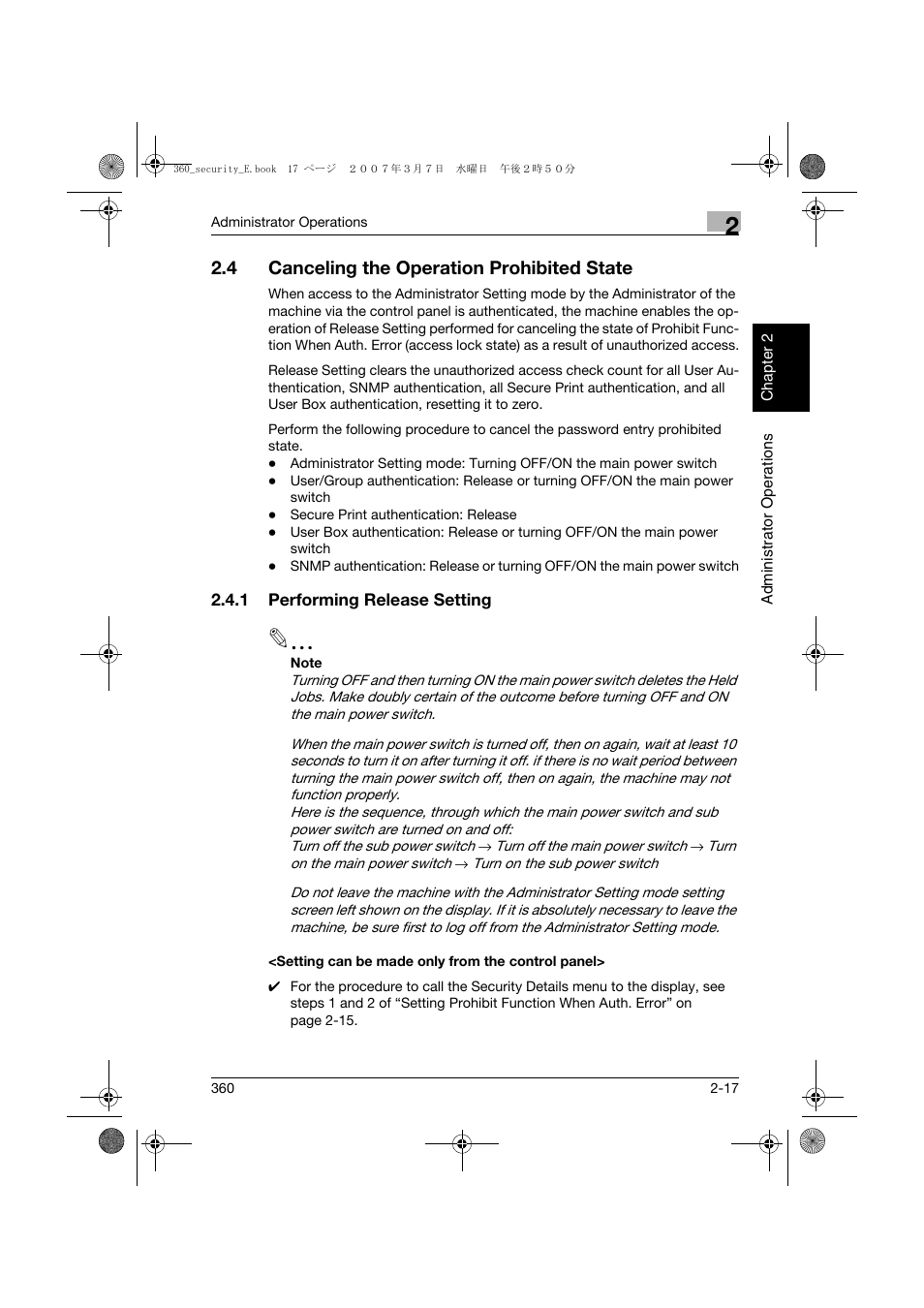 4 canceling the operation prohibited state, 1 performing release setting, Setting can be made only from the control panel | Canceling the operation prohibited state -17 | Konica Minolta bizhub 360 User Manual | Page 36 / 194