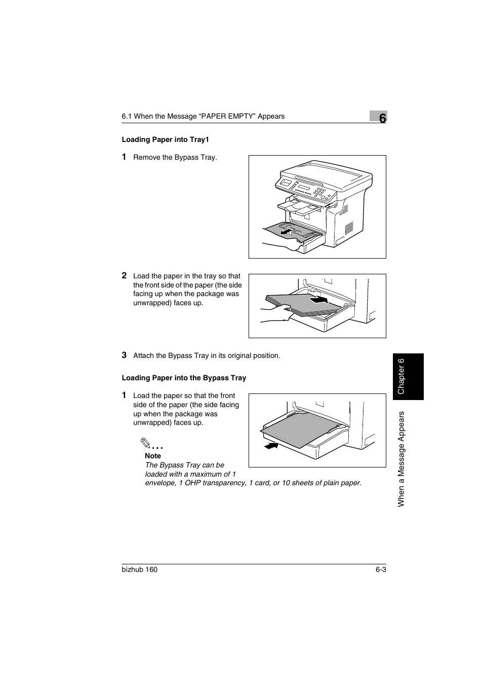 Loading paper into tray1, Loading paper into the bypass tray | Konica Minolta bizhub 160 User Manual | Page 108 / 150