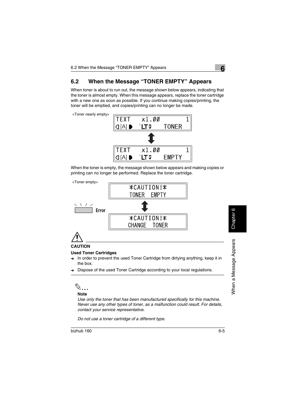 2 when the message “toner empty” appears, When the message “toner empty” appears -5, P. 6-5 | Konica Minolta bizhub 160 User Manual | Page 110 / 150