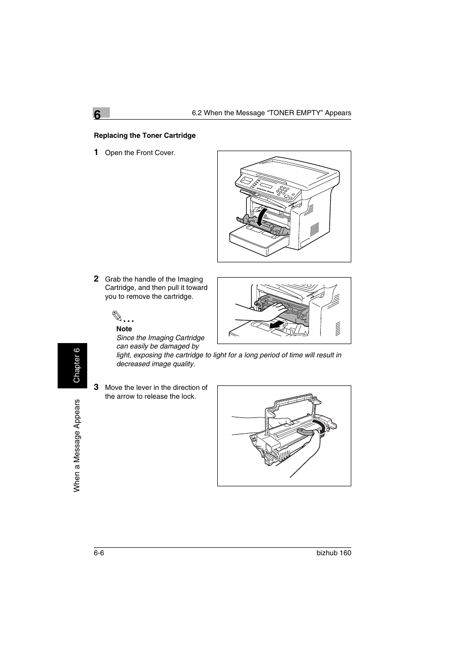 Replacing the toner cartridge, Replacing the toner cartridge -6 | Konica Minolta bizhub 160 User Manual | Page 111 / 150