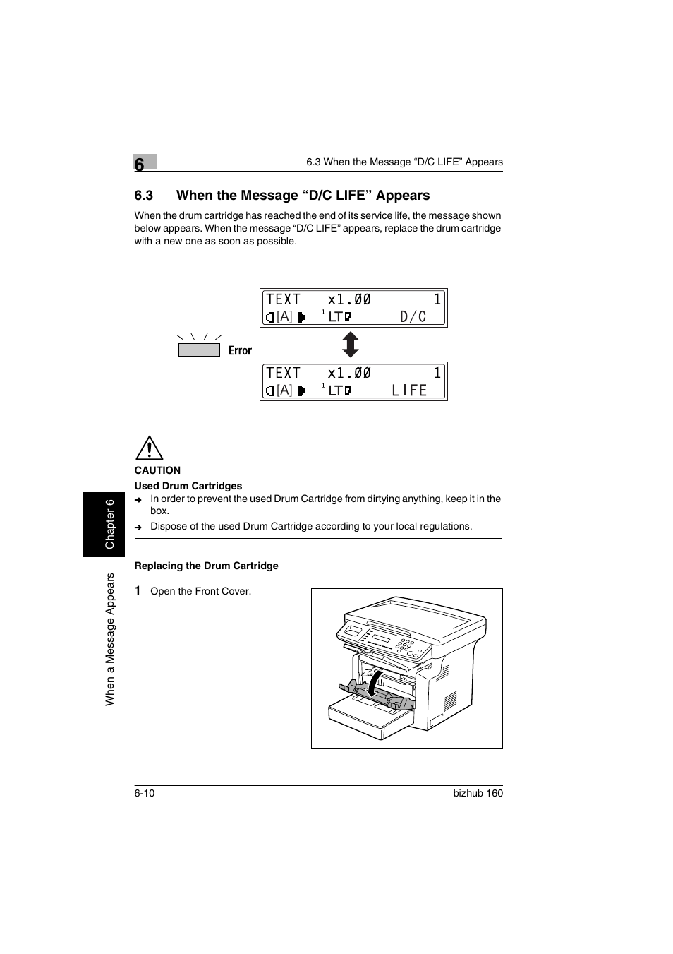 3 when the message “d/c life” appears, Replacing the drum cartridge, When the message “d/c life” appears -10 | Replacing the drum cartridge -10 | Konica Minolta bizhub 160 User Manual | Page 115 / 150