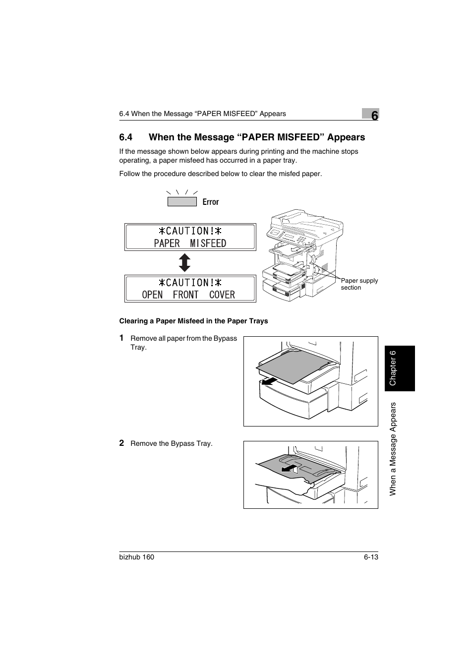 4 when the message “paper misfeed” appears, Clearing a paper misfeed in the paper trays, When the message “paper misfeed” appears -13 | Clearing a paper misfeed in the paper trays -13 | Konica Minolta bizhub 160 User Manual | Page 118 / 150