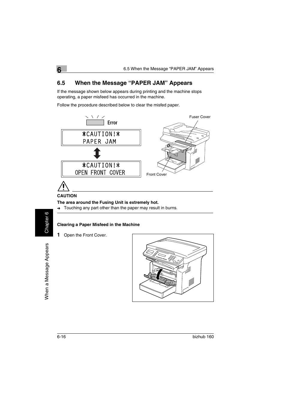 5 when the message “paper jam” appears, Clearing a paper misfeed in the machine, When the message “paper jam” appears -16 | Clearing a paper misfeed in the machine -16 | Konica Minolta bizhub 160 User Manual | Page 121 / 150