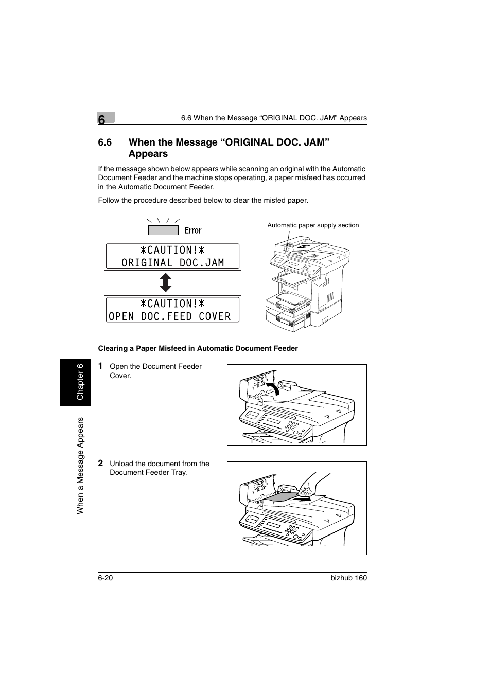 6 when the message “original doc. jam” appears, When the message “original doc. jam” appears -20, P. 6-20) | Konica Minolta bizhub 160 User Manual | Page 125 / 150