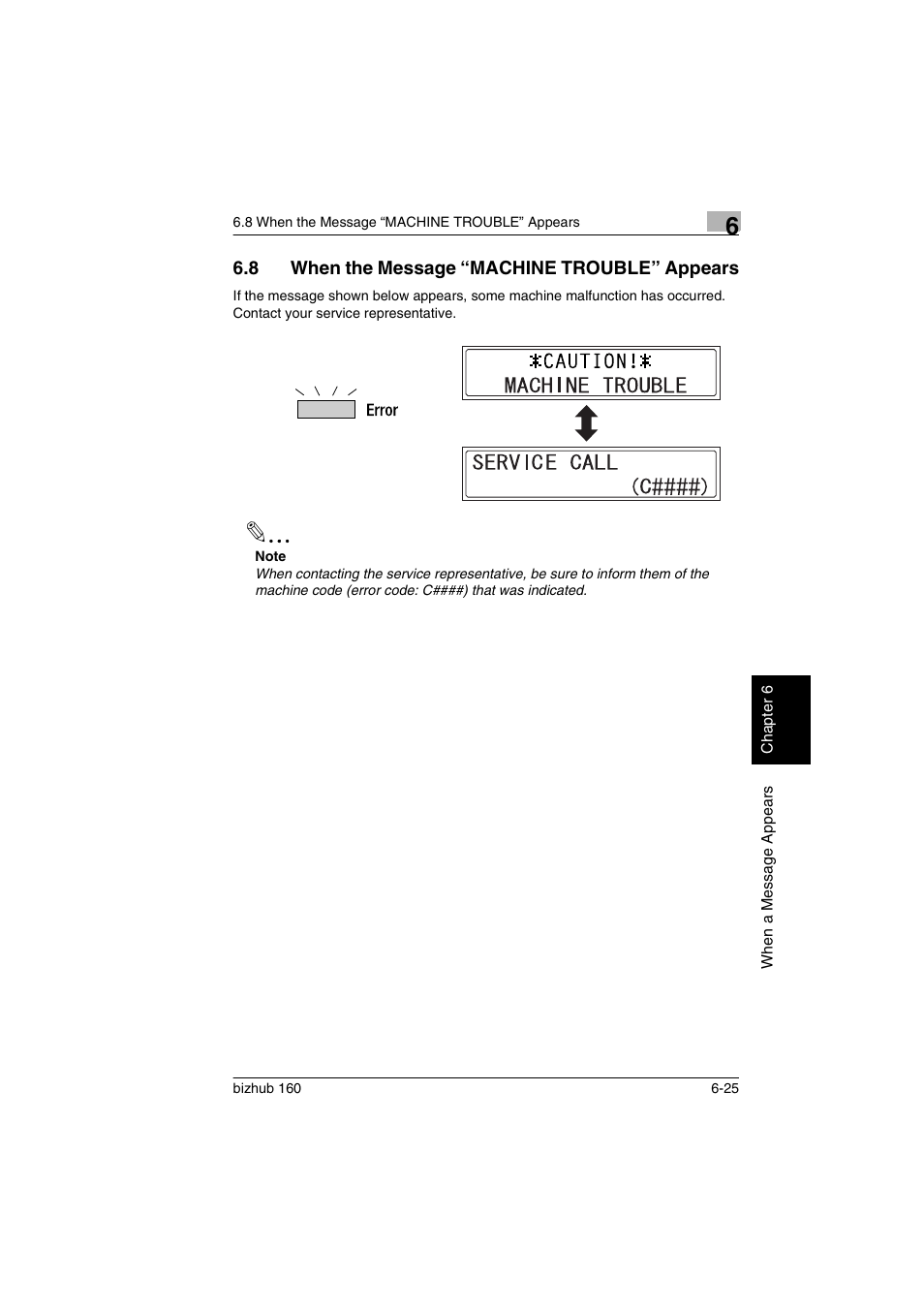 8 when the message “machine trouble” appears, When the message “machine trouble” appears -25 | Konica Minolta bizhub 160 User Manual | Page 130 / 150