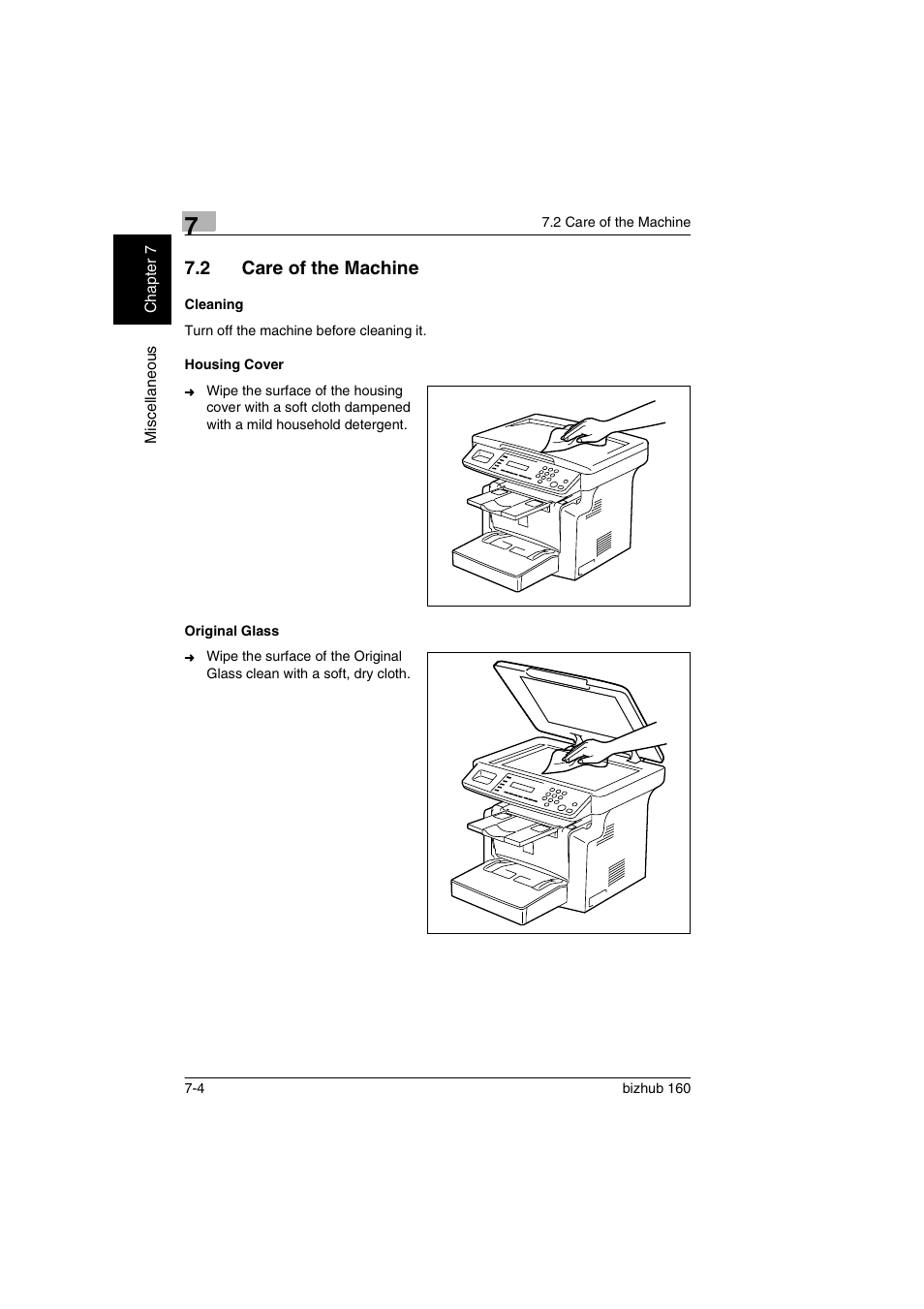 2 care of the machine, Cleaning, Housing cover | Original glass, Care of the machine -4, Cleaning -4 housing cover -4 original glass -4 | Konica Minolta bizhub 160 User Manual | Page 139 / 150