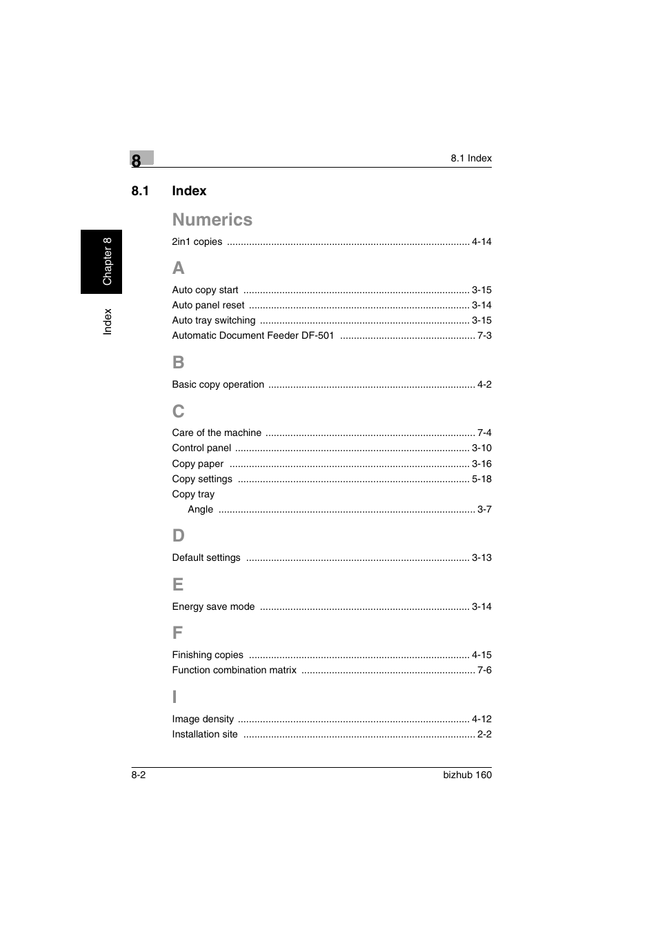 1 index, A to i, Index -2 | Numerics | Konica Minolta bizhub 160 User Manual | Page 147 / 150