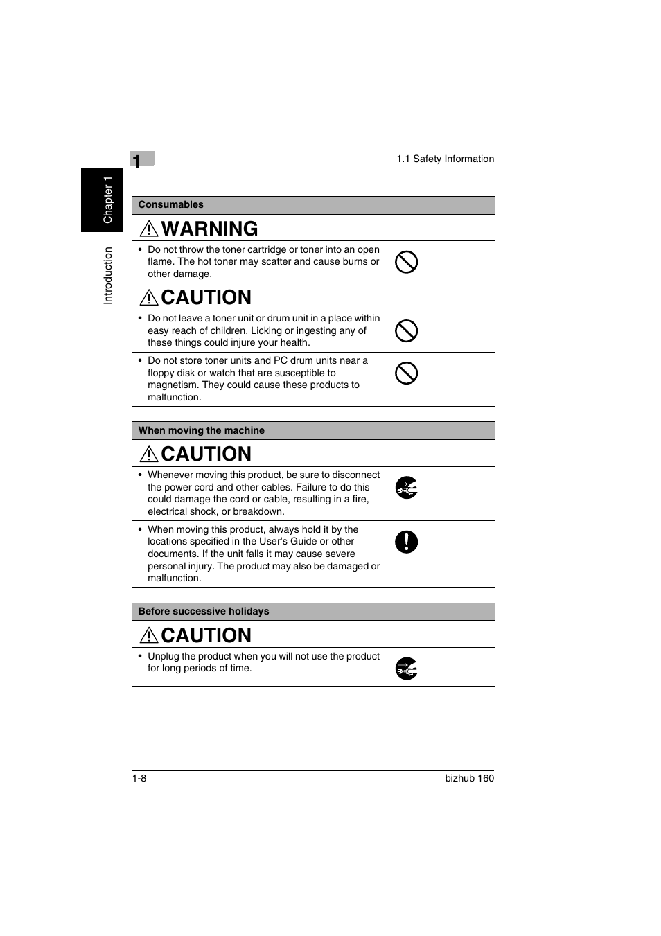 Warning caution, Caution | Konica Minolta bizhub 160 User Manual | Page 15 / 150