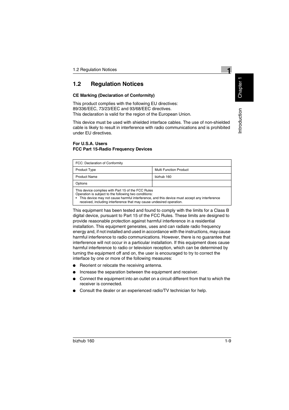 2 regulation notices, Ce marking (declaration of conformity), Regulation notices -9 | Konica Minolta bizhub 160 User Manual | Page 16 / 150