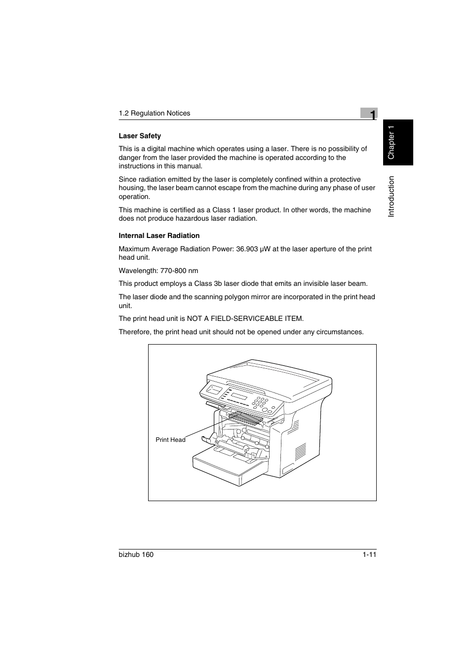 Laser safety, Internal laser radiation, Laser safety -11 internal laser radiation -11 | Konica Minolta bizhub 160 User Manual | Page 18 / 150