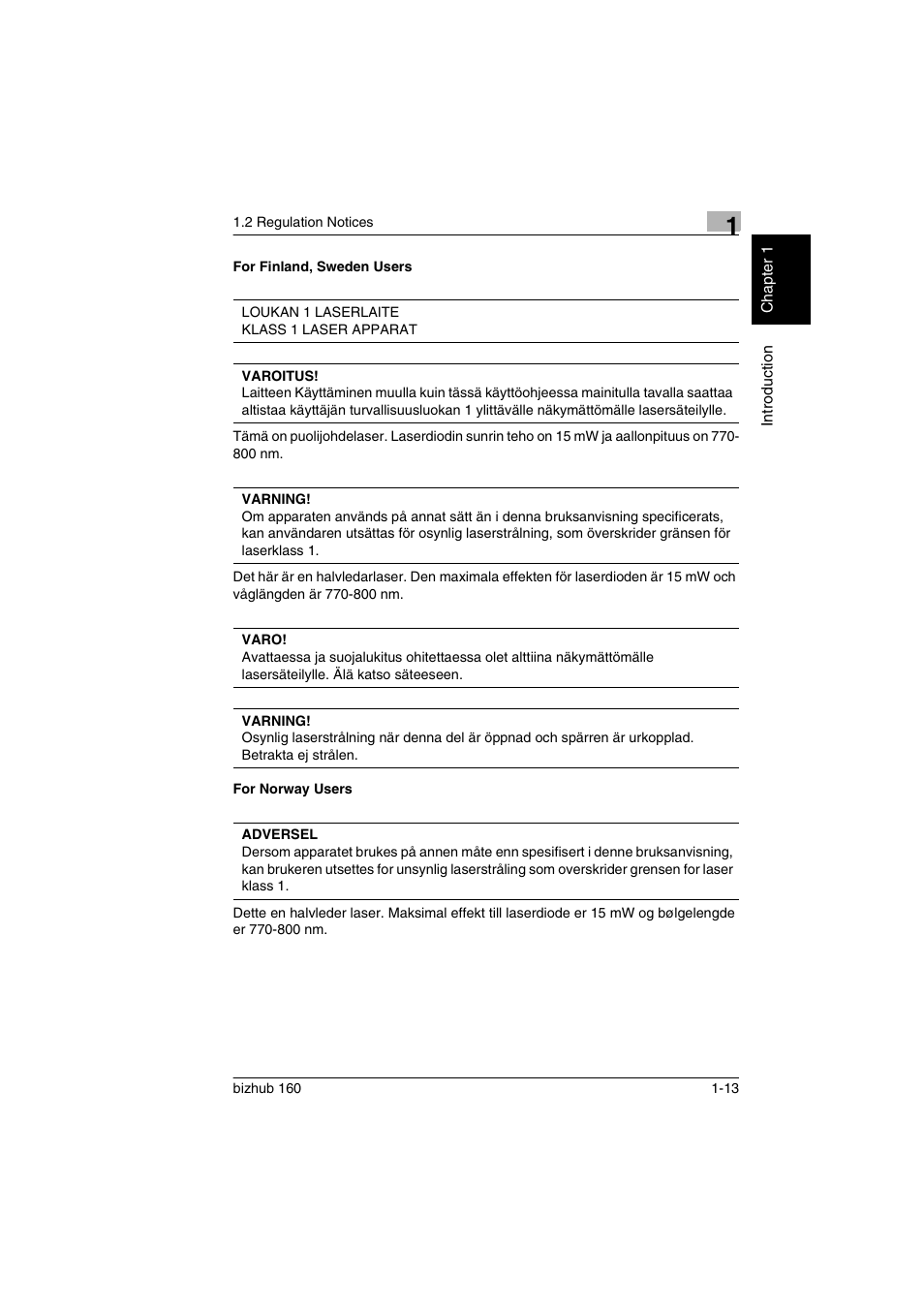 For finland, sweden users, For norway users, For finland, sweden users -13 for norway users -13 | Konica Minolta bizhub 160 User Manual | Page 20 / 150