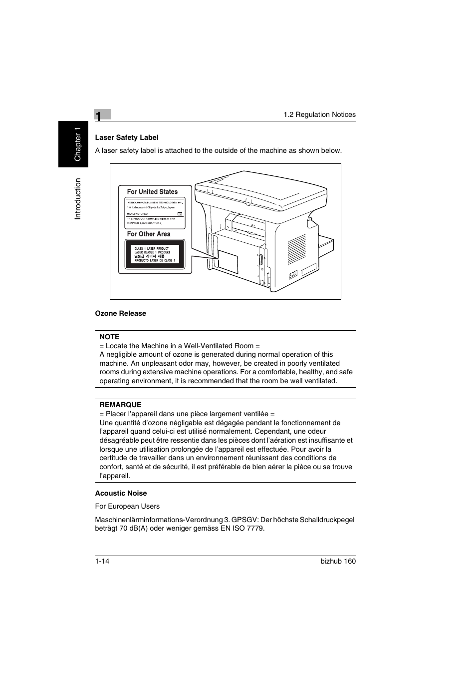 Laser safety label, Ozone release, Acoustic noise | Konica Minolta bizhub 160 User Manual | Page 21 / 150