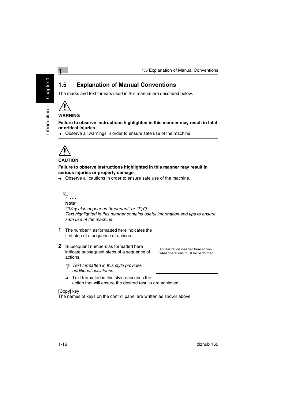 5 explanation of manual conventions, Explanation of manual conventions -16 | Konica Minolta bizhub 160 User Manual | Page 23 / 150