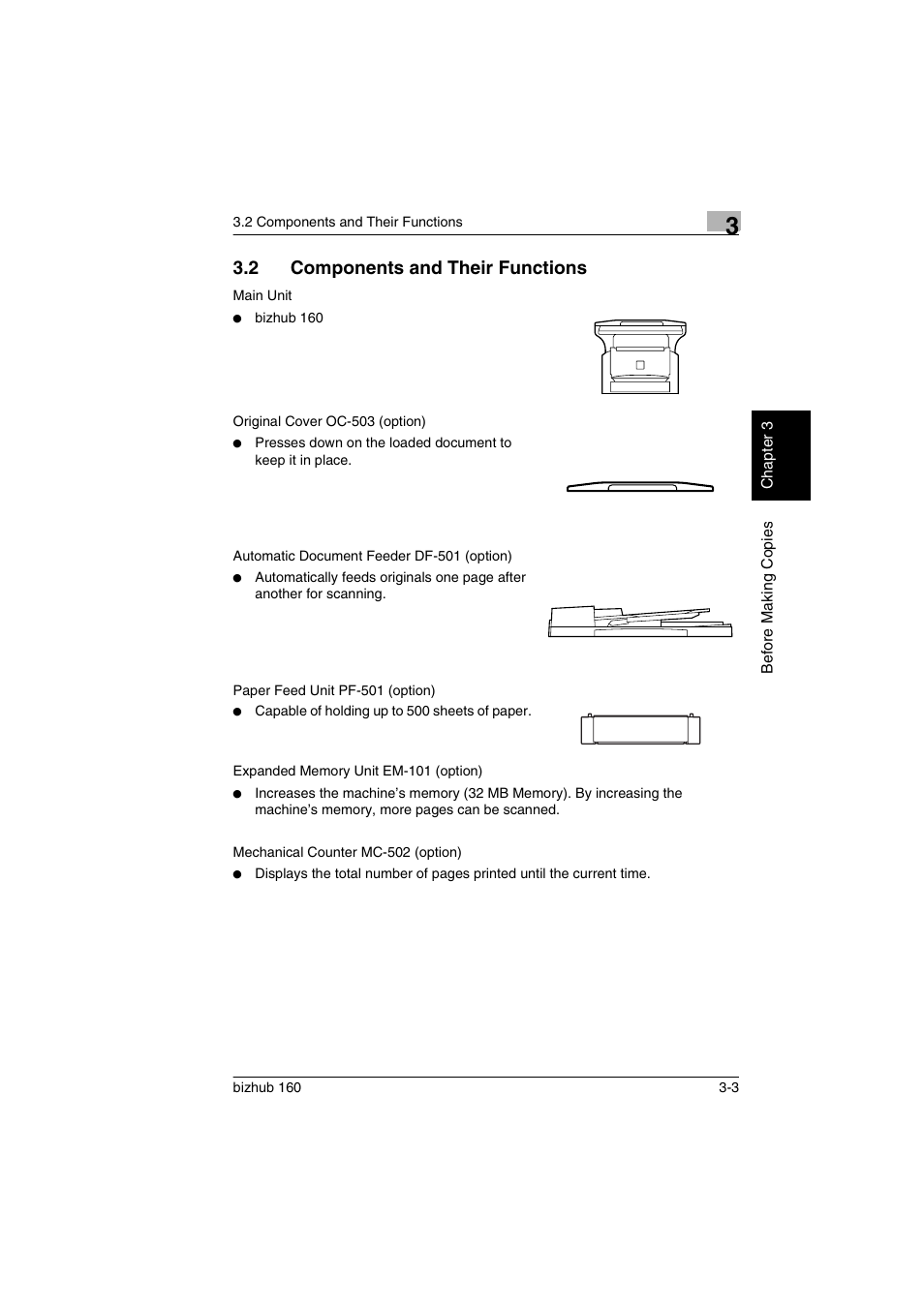 2 components and their functions, Components and their functions -3 | Konica Minolta bizhub 160 User Manual | Page 34 / 150