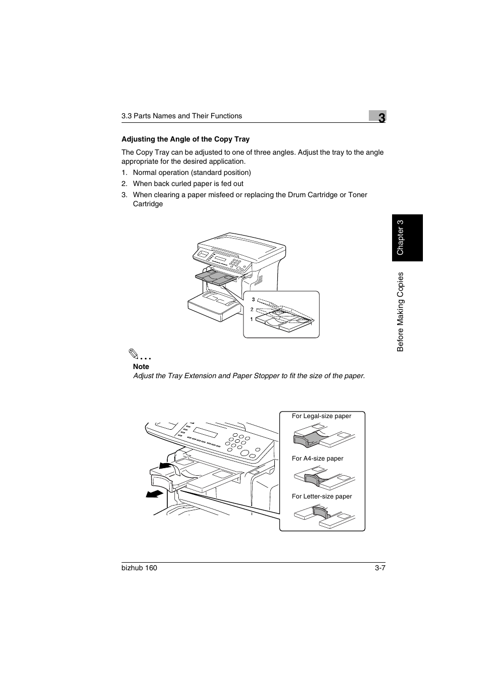 Adjusting the angle of the copy tray, Adjusting the angle of the copy tray -7, P. 3-7) | Konica Minolta bizhub 160 User Manual | Page 38 / 150