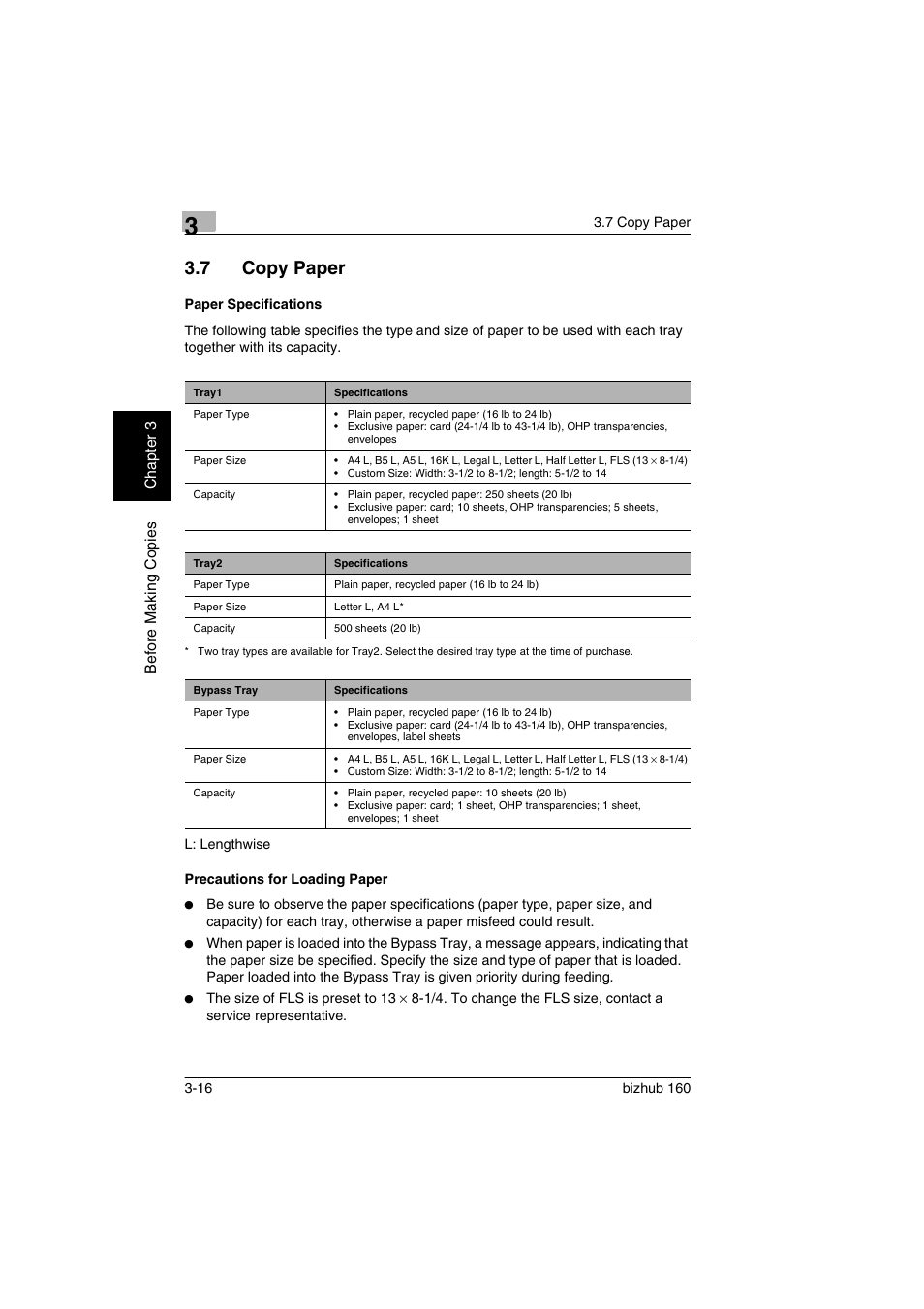 7 copy paper, Paper specifications, Precautions for loading paper | Copy paper -16, P. 3-16 | Konica Minolta bizhub 160 User Manual | Page 47 / 150