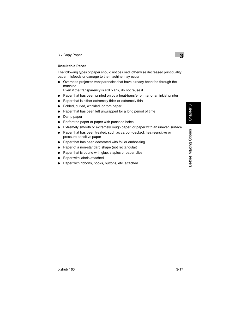 Unsuitable paper, Unsuitable paper -17 | Konica Minolta bizhub 160 User Manual | Page 48 / 150